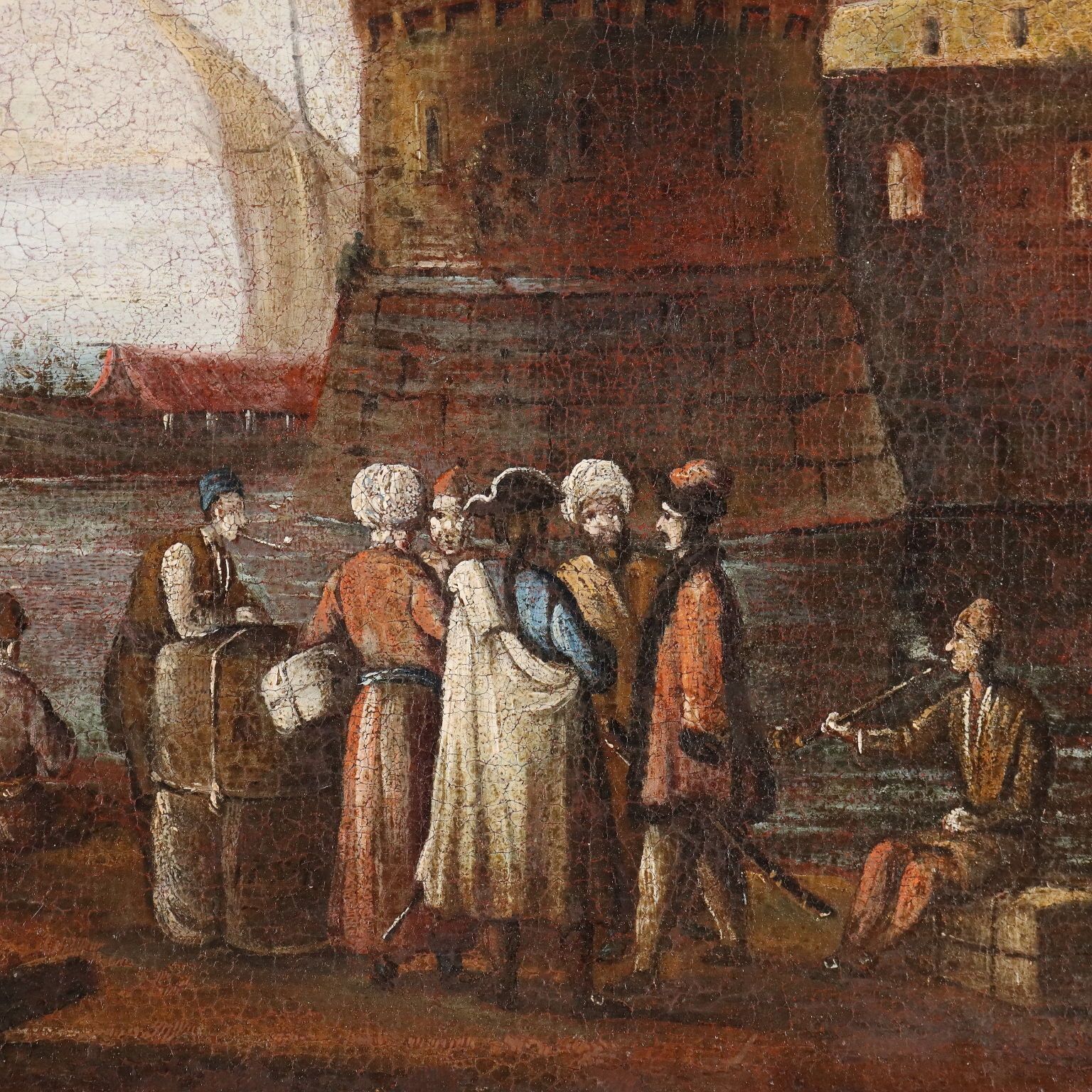 Antique Painting Mediterranean Port Scene Oil On Canvas XVIII Century photo Art