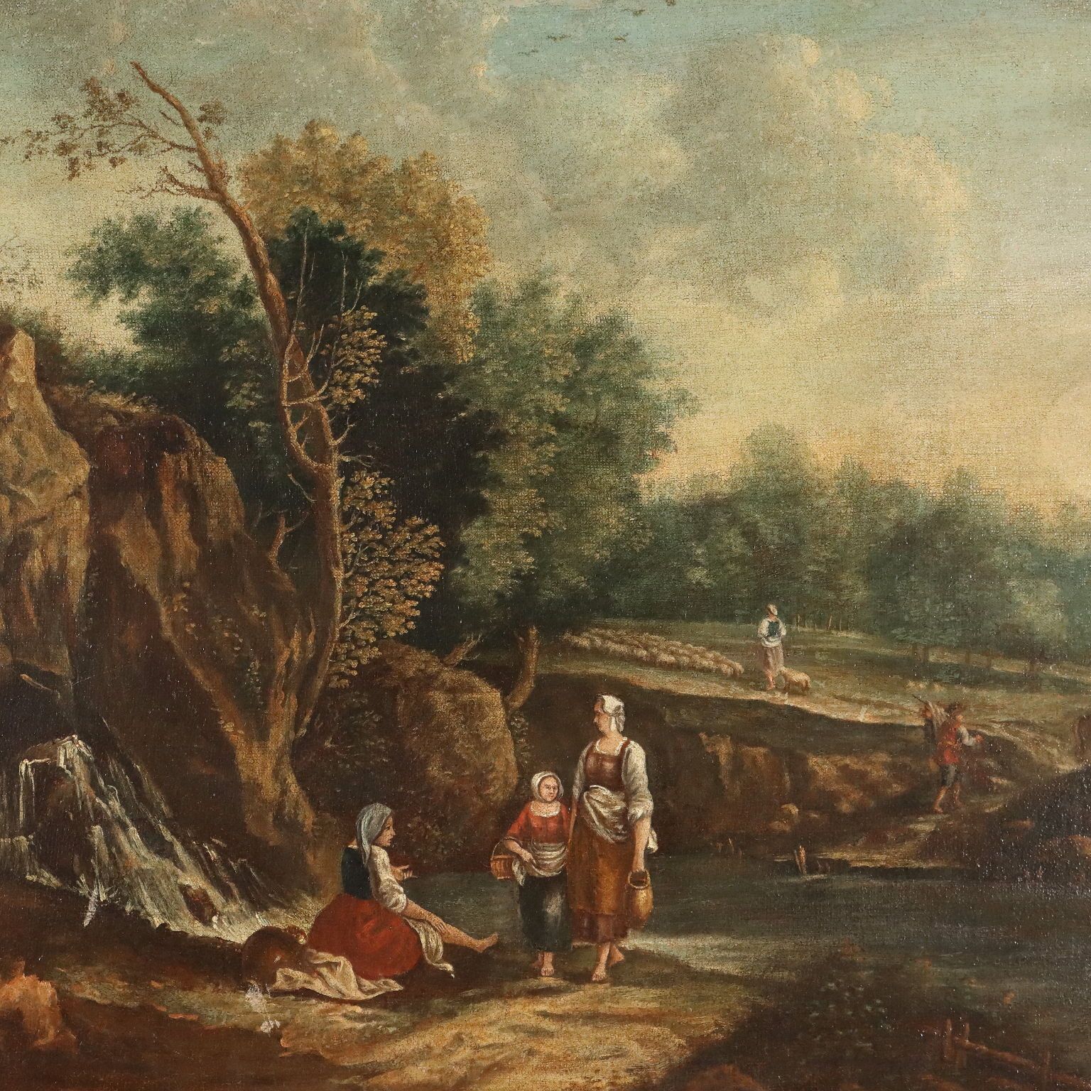 Antique Painting Landscape With Figures Oil On Canvas '700 photo for sale