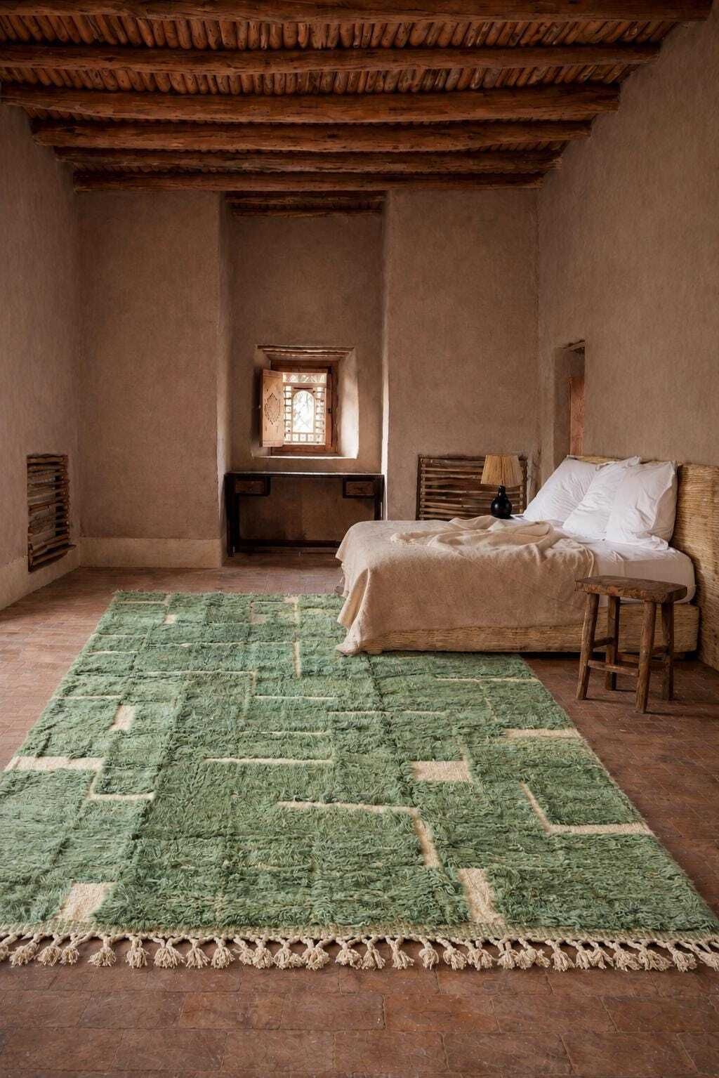 Green Moroccan Mrirt Rug 220x300 Cm – Handmade Wool Area Rug, Modern Berber Rug, Large Luxury Moroccan Rug