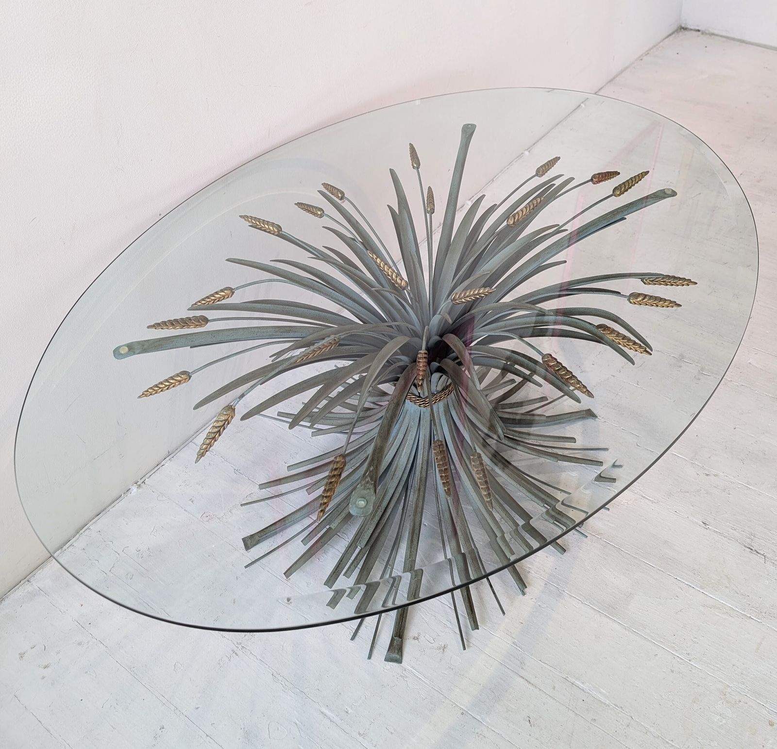 Vintage Coco Chanel Italian Wheatsheaf Verdigris & Gold Coffee Table 1960s photo for sale