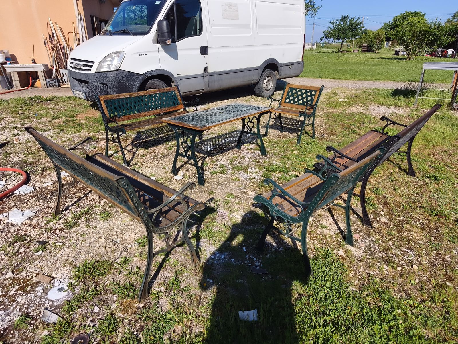 Garden Furniture Set, Table, 3 Benches + 2 Armchairs, Cast Iron And Wood