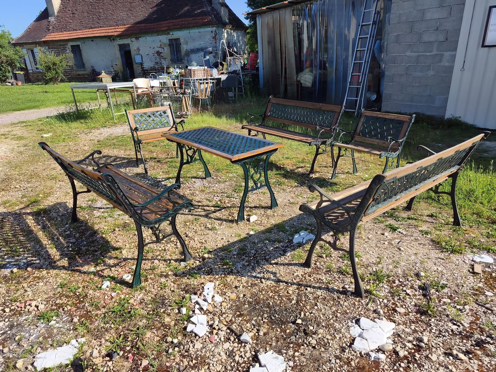 Garden Furniture Set, Table, 3 Benches + 2 Armchairs, Cast Iron And Wood photo Garden Furniture