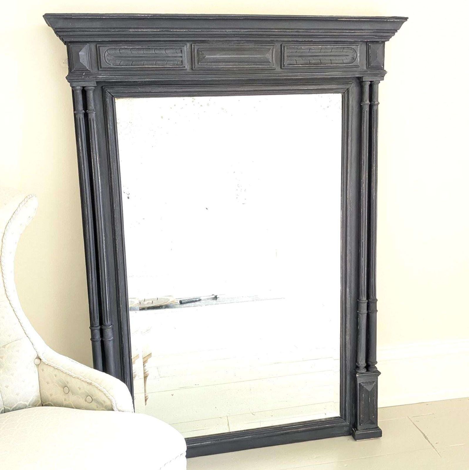 An Antique French Carved Wooden Painted Over Mantel Mirror Antique Wood Framed Mirror photo for sale