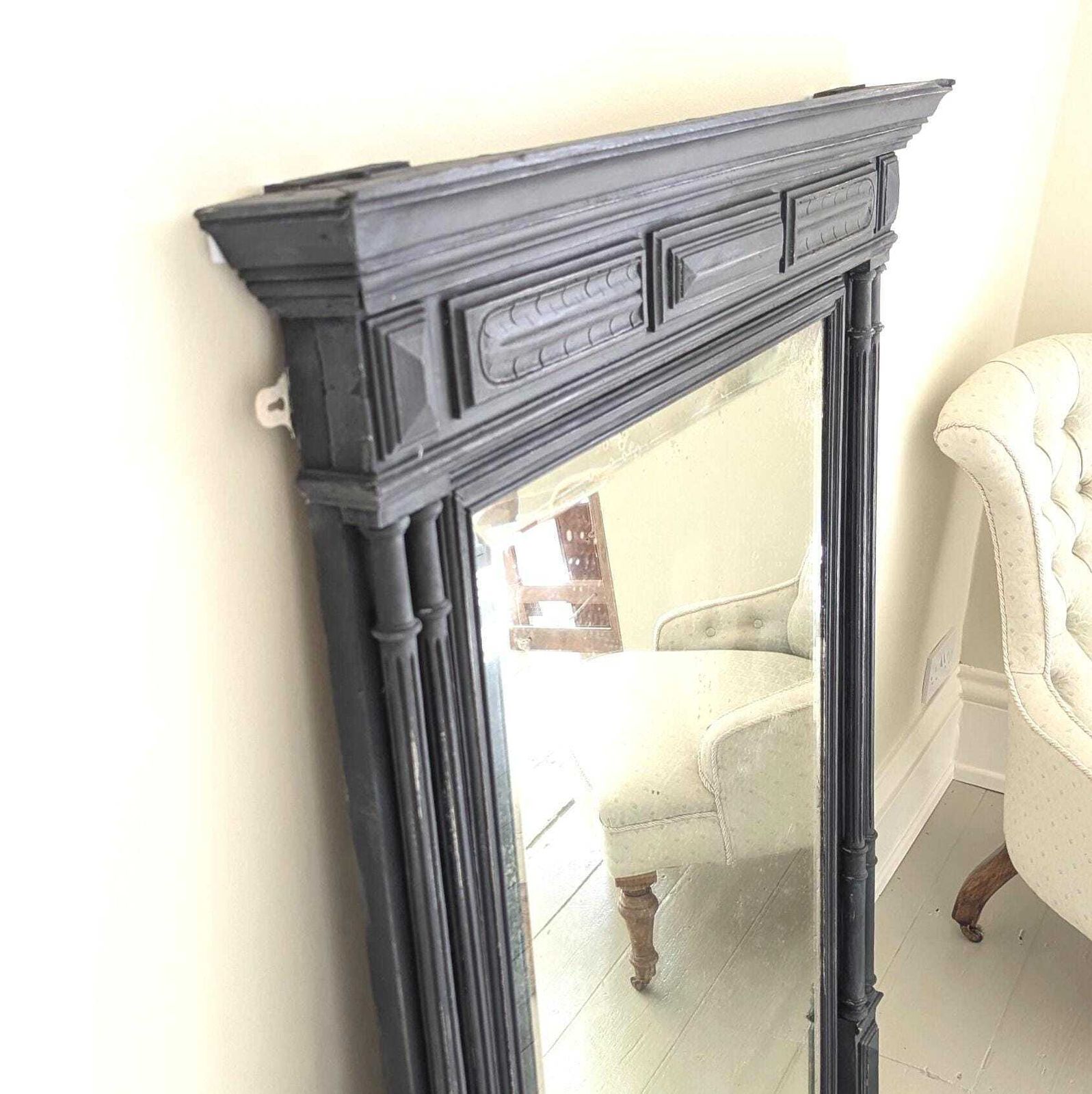 An Antique French Carved Wooden Painted Over Mantel Mirror Antique Wood Framed Mirror photo vintage