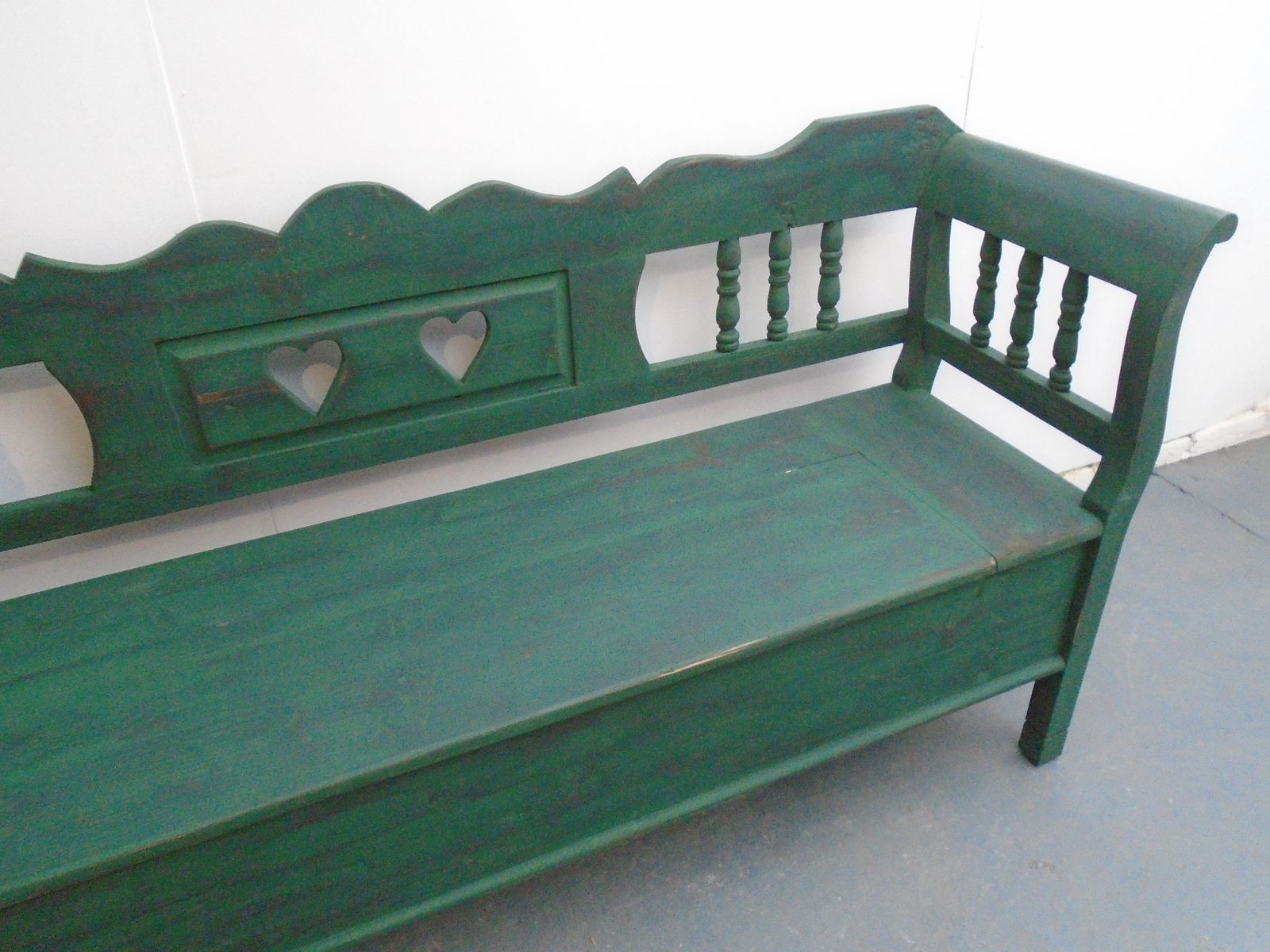 A Green & Black Heart Motif Antique Pine 3 Seater Bench photo furniture