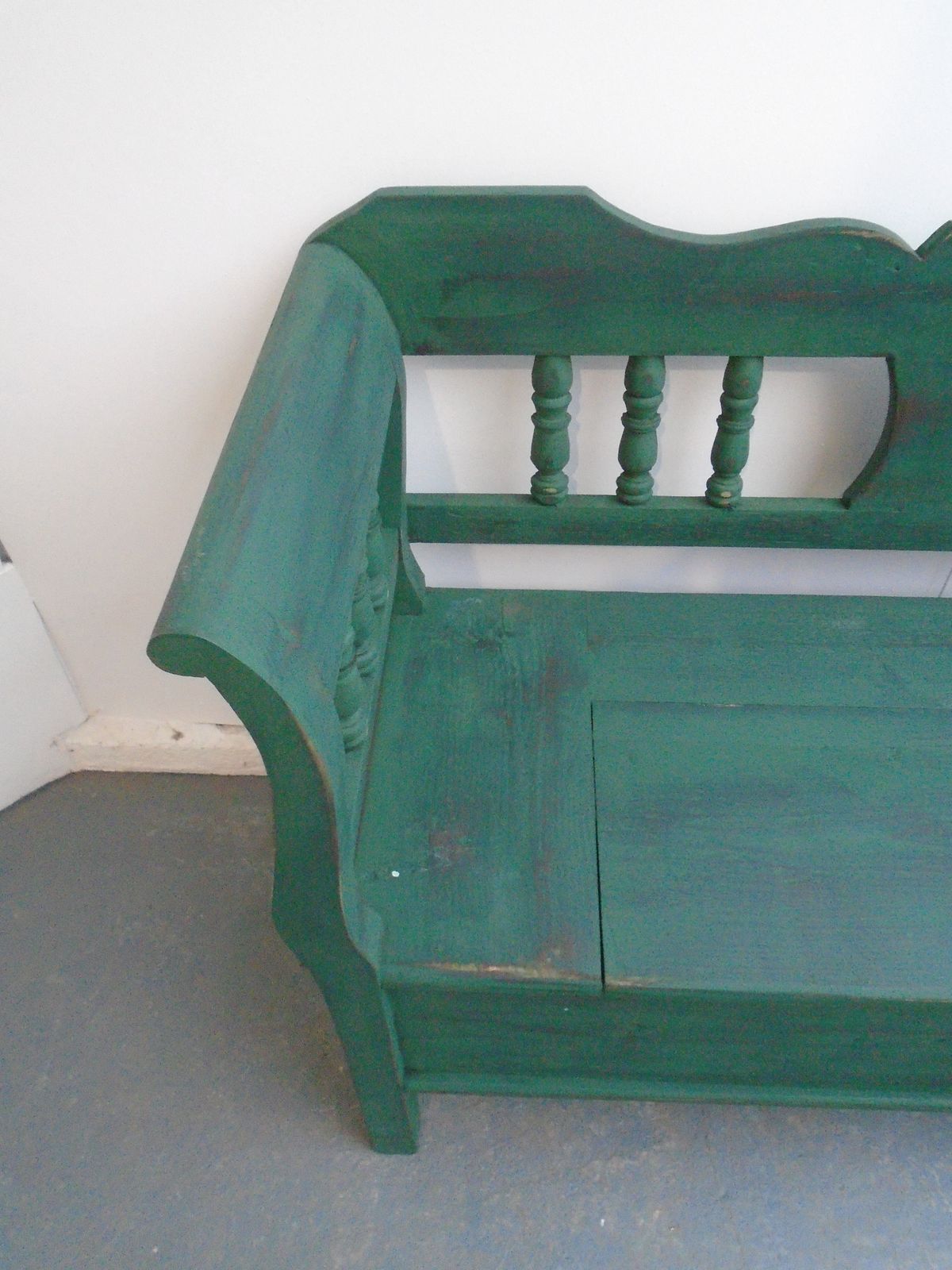 A Green & Black Heart Motif Antique Pine 3 Seater Bench photo buy