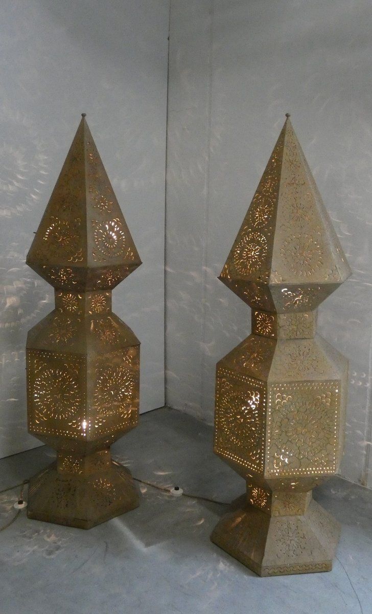 Large Moroccan Perforated Metal Tower Lamps, 1980s, Set Of 2 photo furniture