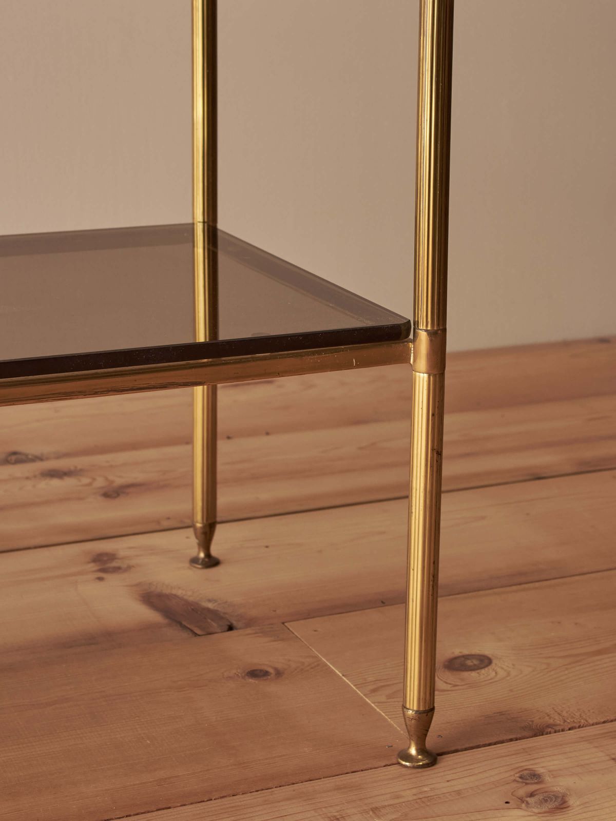 Mid Century Brass And Smoked Glass Shelving Unit photo vinterior