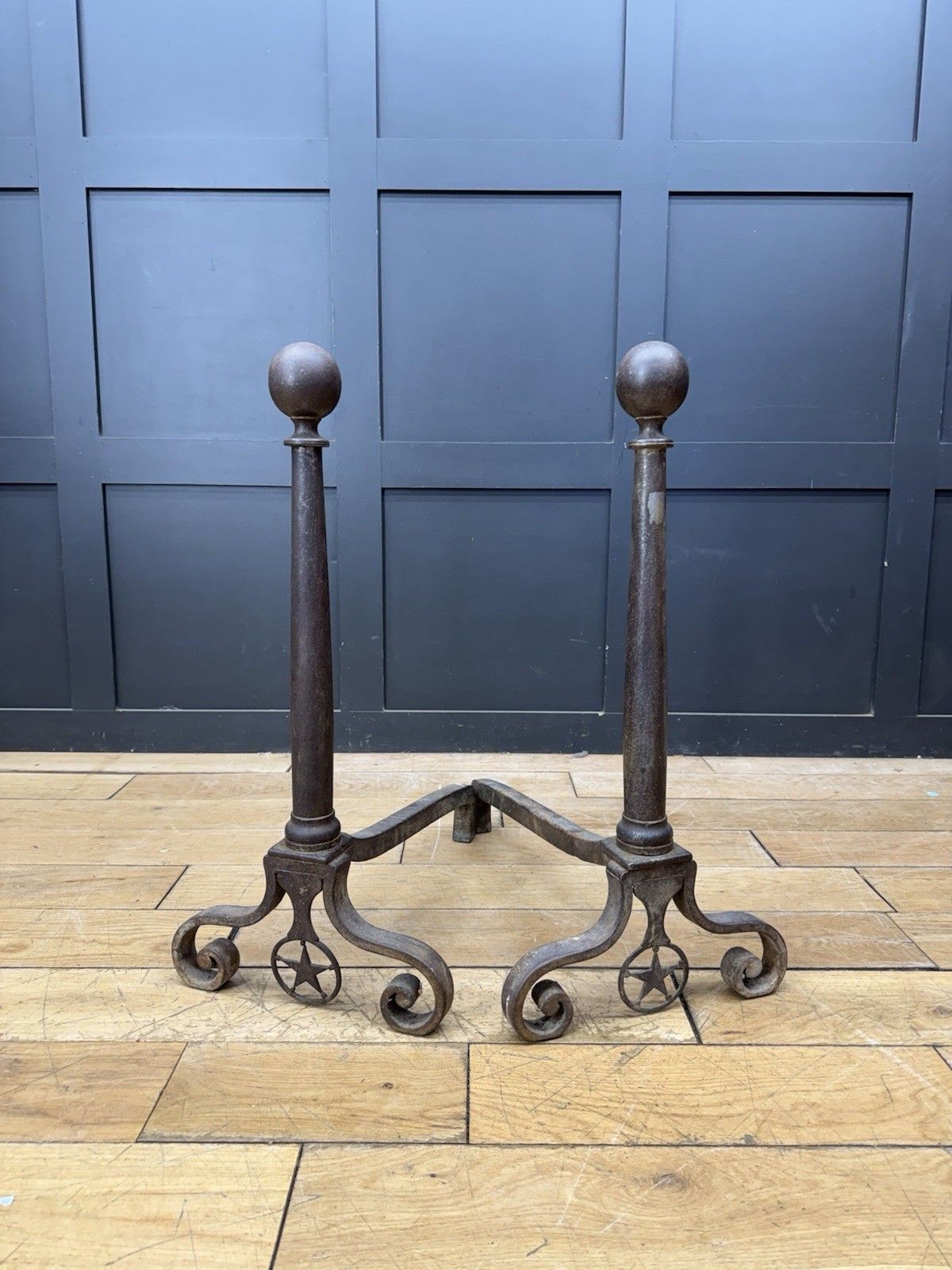 Large Pair Antique Cast Iron Fire Dogs Andirons Fireplace Scroll Supports C1900 photo furniture