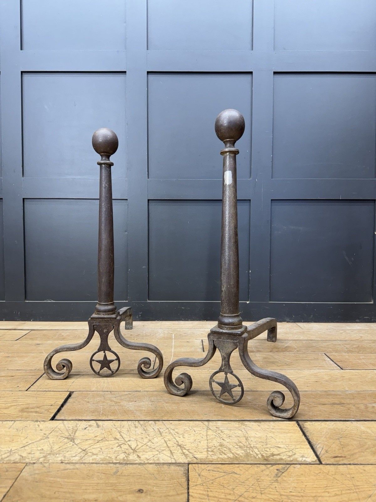 Home Fixtures Large Pair Antique Cast Iron Fire Dogs Andirons Fireplace Scroll Supports C1900 photo