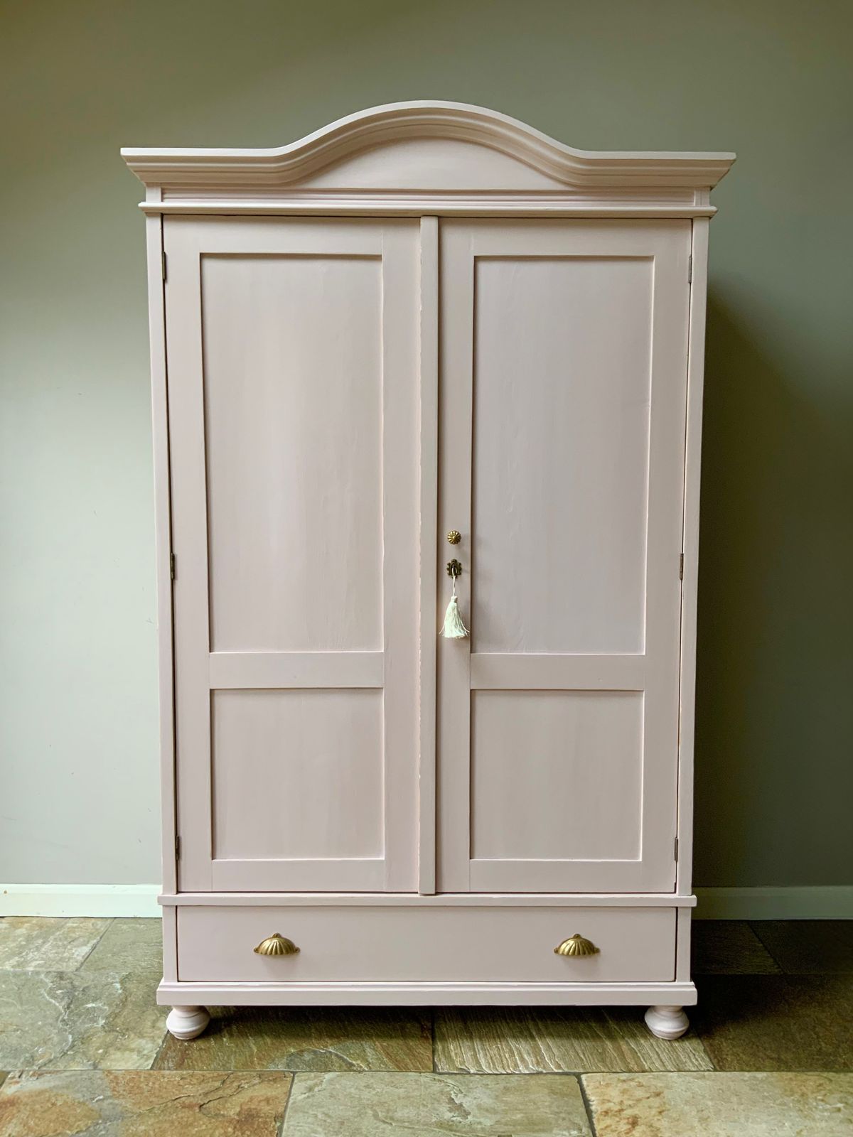 Restored Vintage Continental Painted Blush Pink Pine Knockdown Wardrobe Armoire