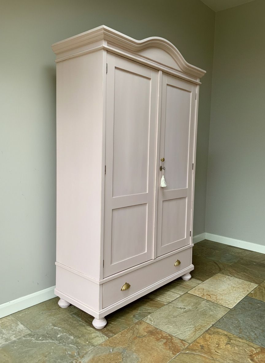 Restored Vintage Continental Painted Blush Pink Pine Knockdown Wardrobe Armoire photo furniture
