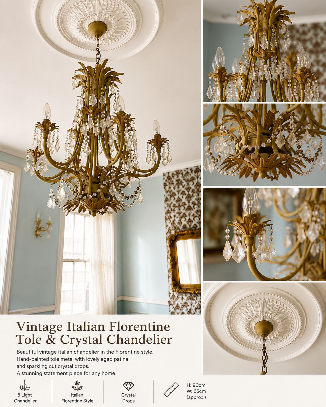 Large Vintage Italian Florentine Tole & Crystal Chandelier photo furniture