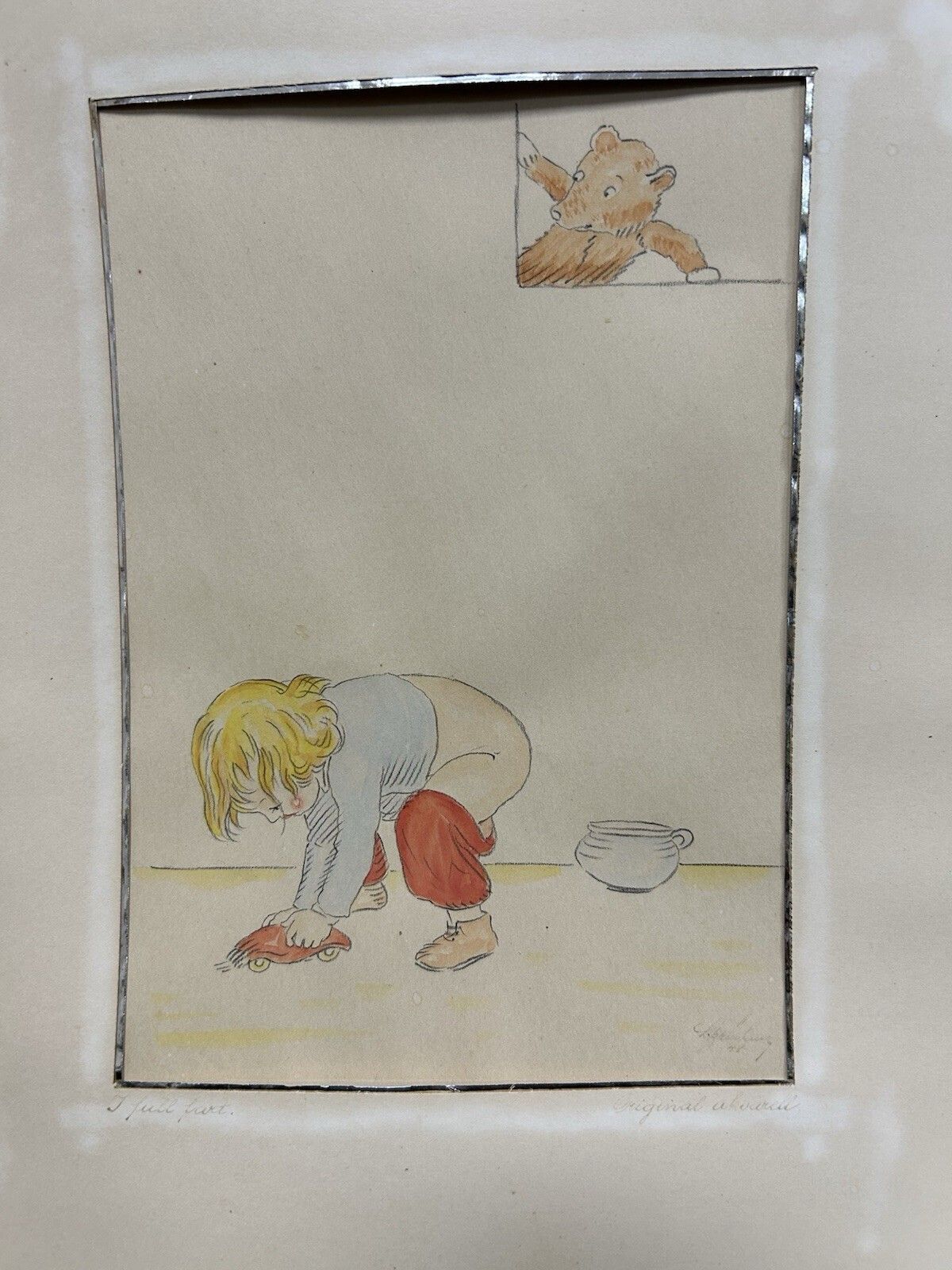 Original Watercolour Child Playing 1948' A Full Fart' Humorous Illustration photo furniture