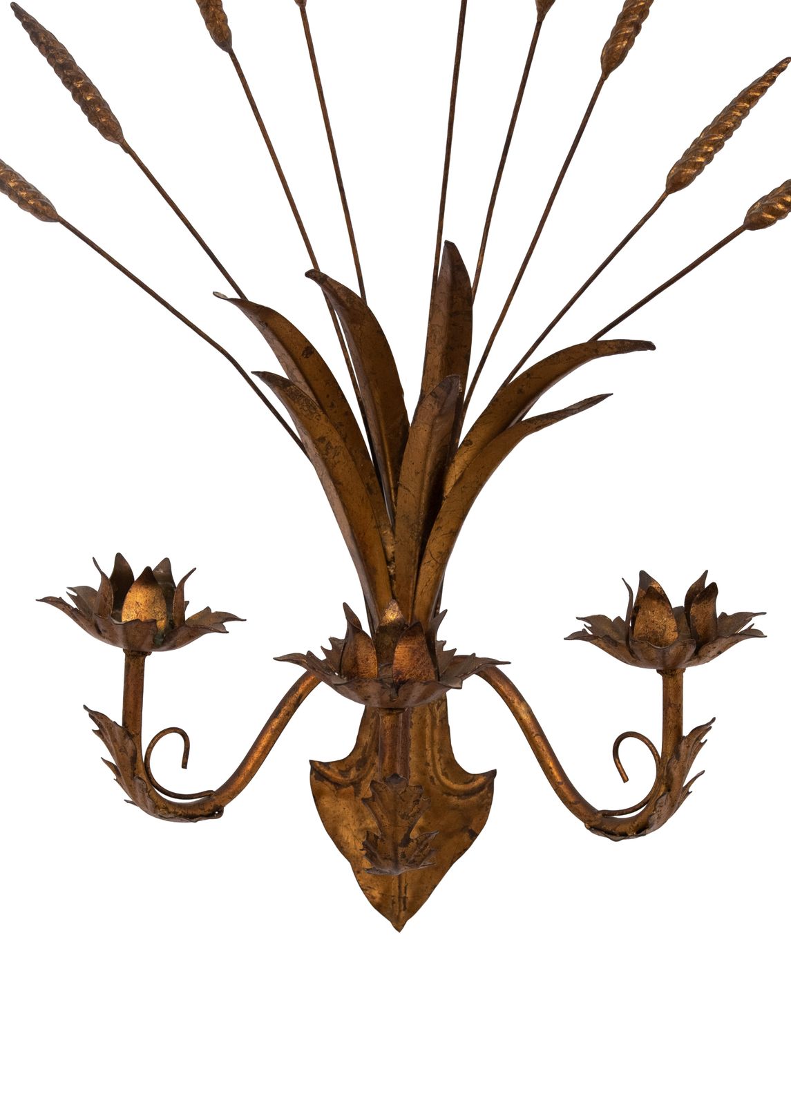 Stunning Italian Gilt Metal Wheat Sheaf Candle Wall Sconce 1950s photo for sale