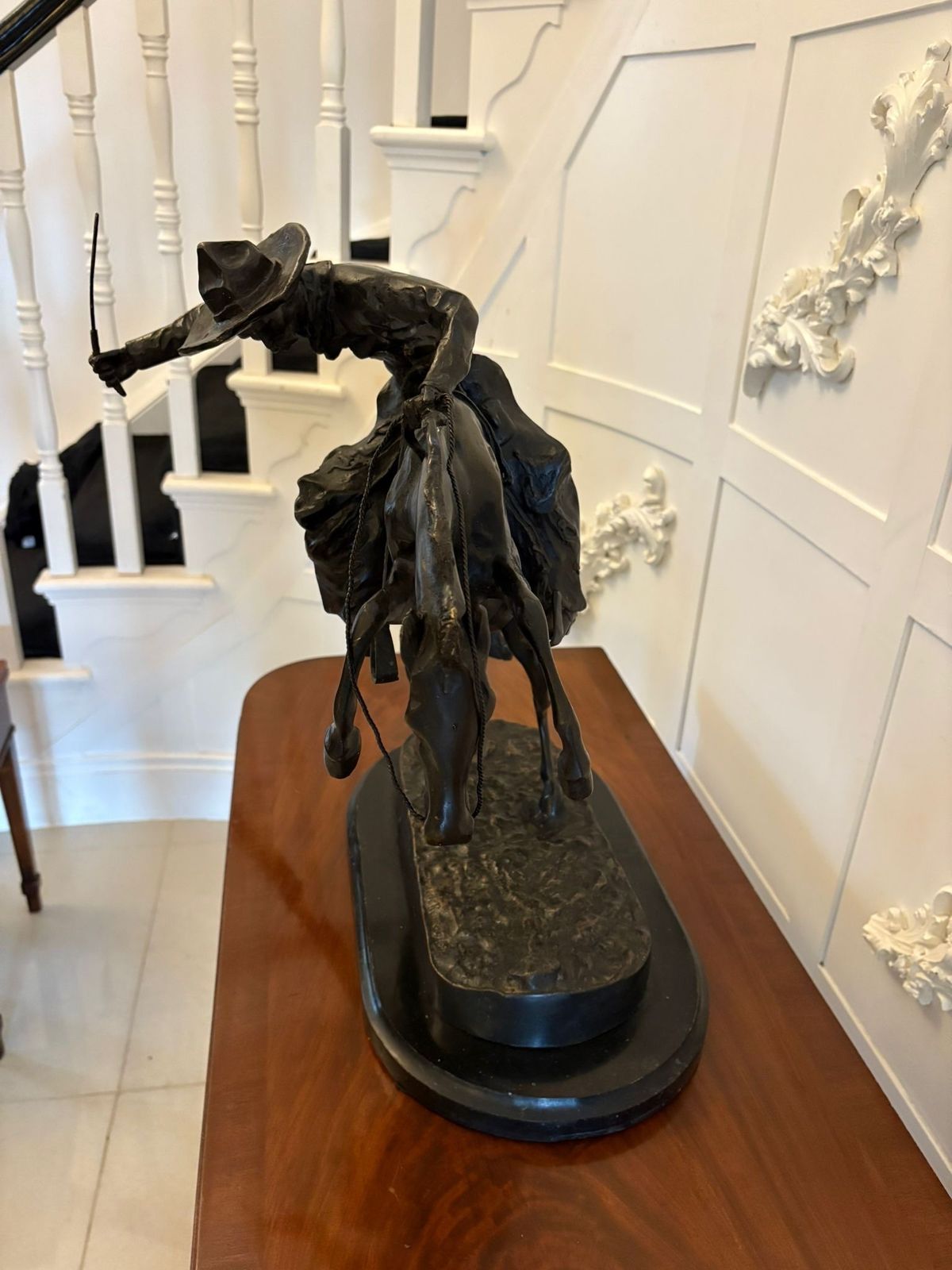 photo for sale Antique Large Bronze Cowboy On Bucking Horse Sculpture After Remington Broncho Buster Western Equestrian Figure