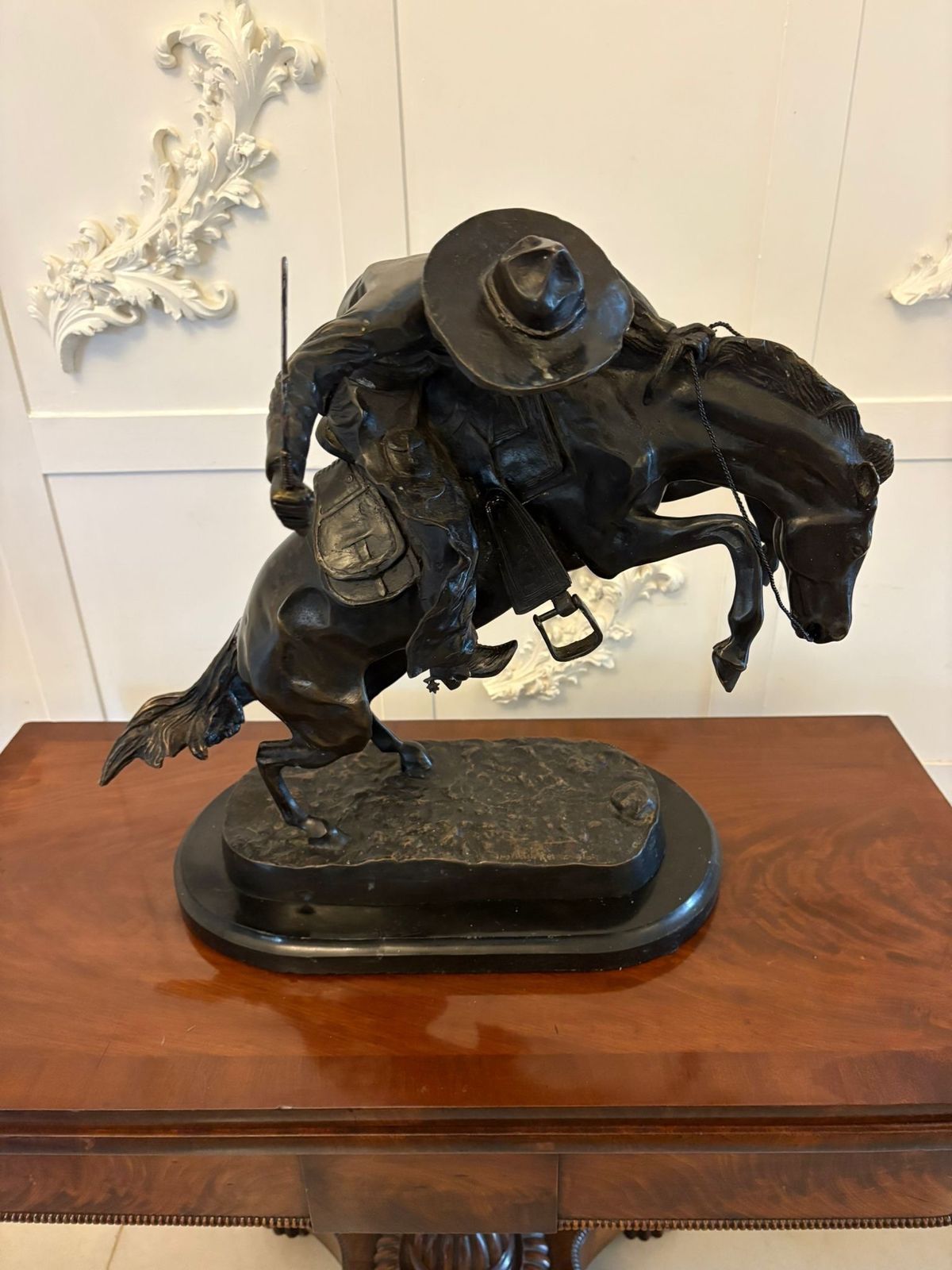 4560.0 Antique Large Bronze Cowboy On Bucking Horse Sculpture After Remington Broncho Buster Western Equestrian Figure photo