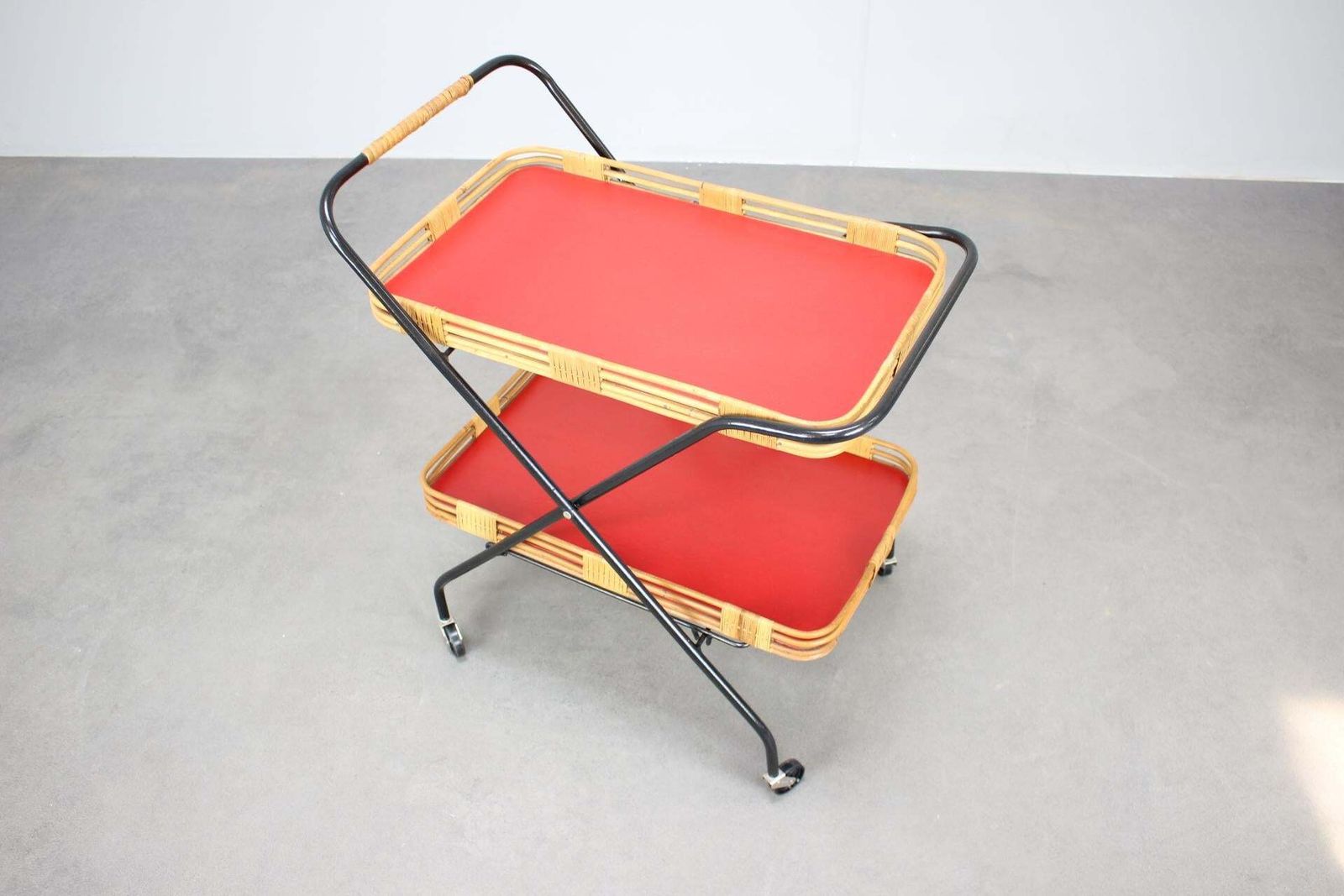 1960s Czechoslovak Mid Century Folding Bamboo Serving Trolley Bar Cart photo furniture