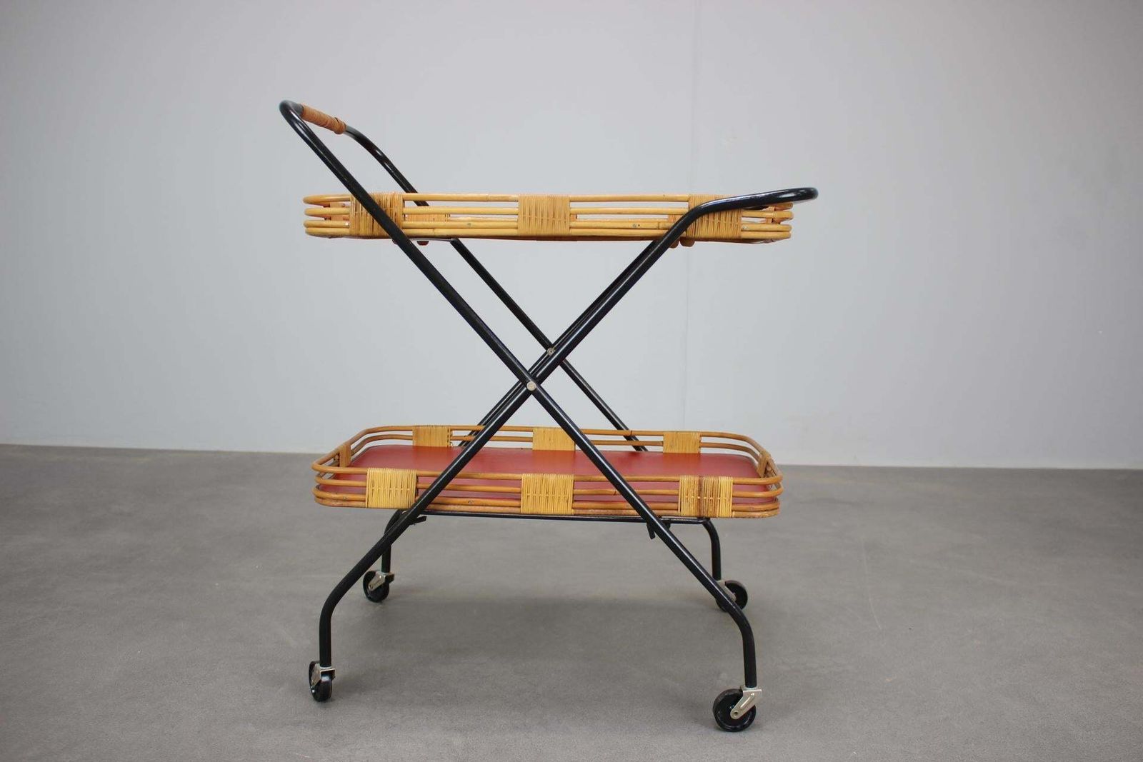 1960s Czechoslovak Mid Century Folding Bamboo Serving Trolley Bar Cart photo for sale