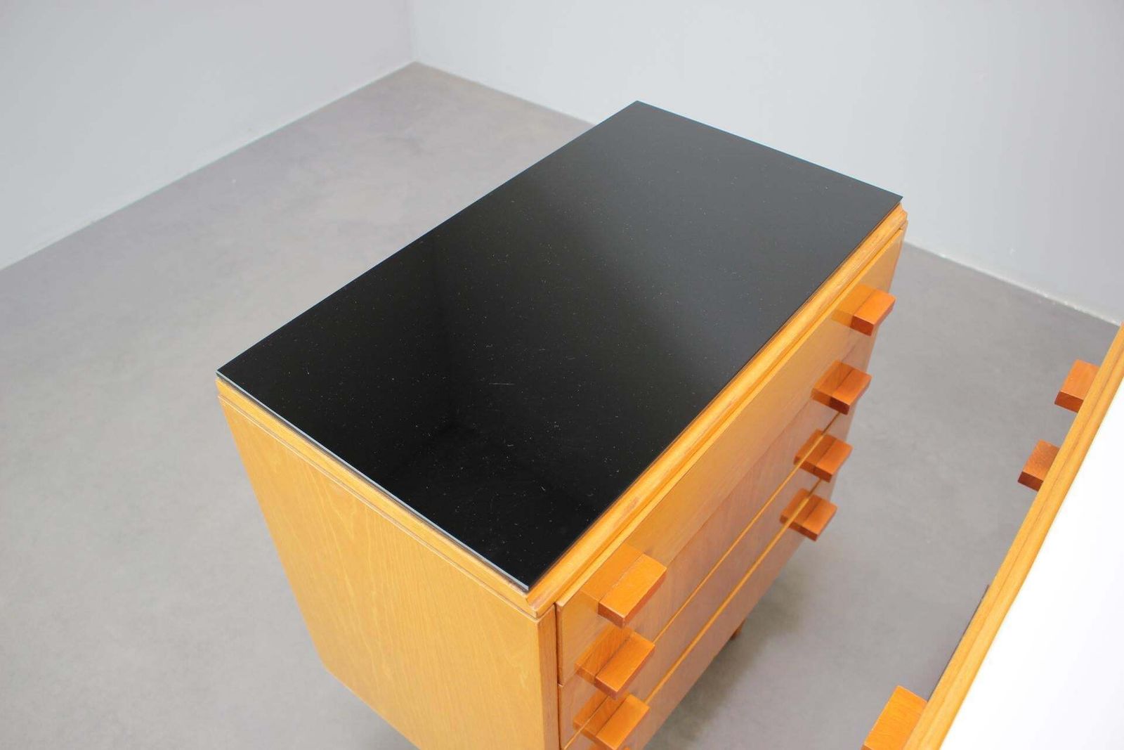 Furniture 1960s František Mezulaník Mid Century Maple Nightstands With Black And White Gla photo