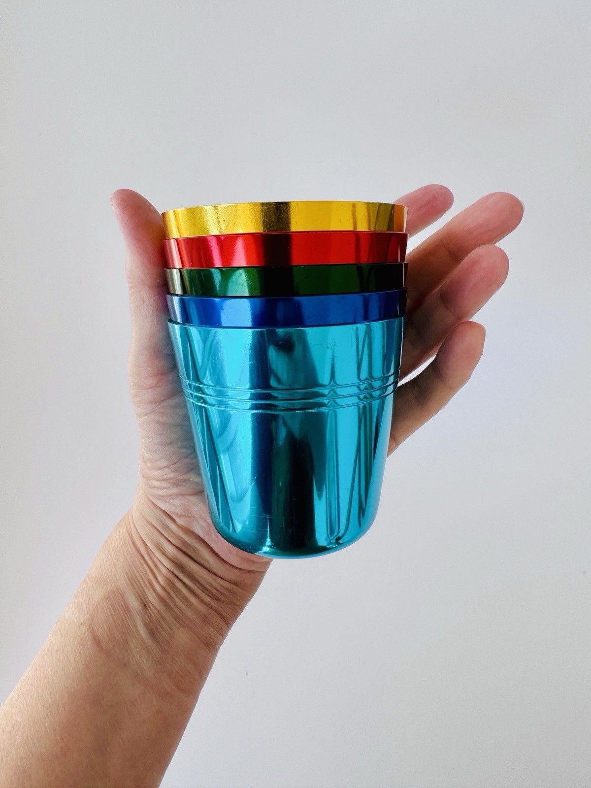 Set Of 5 1960’s Artex Anodised Cups & Bottle Opener In Buffalo Calf Leather Case photo furniture