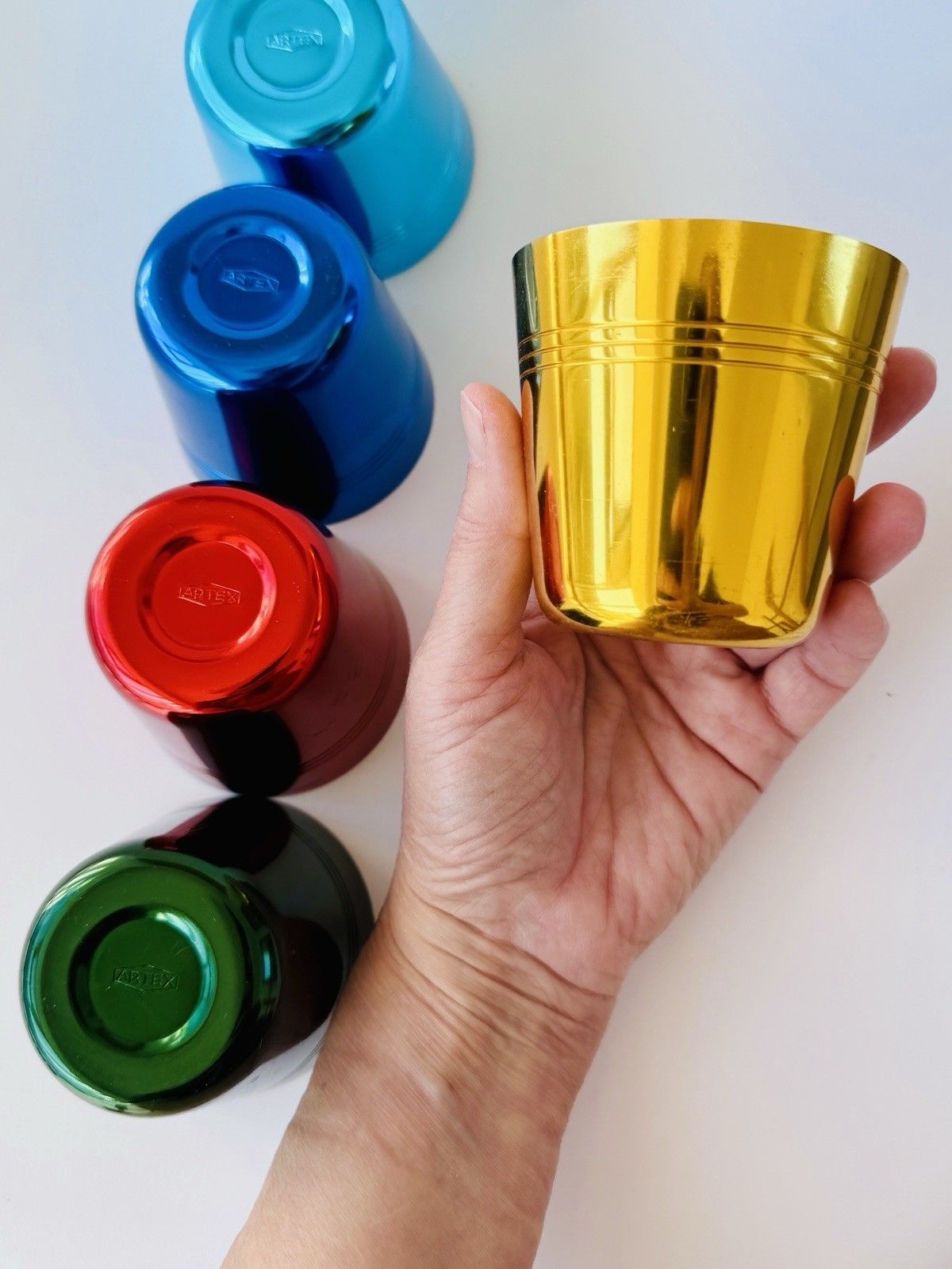Set Of 5 1960’s Artex Anodised Cups & Bottle Opener In Buffalo Calf Leather Case photo 50.0