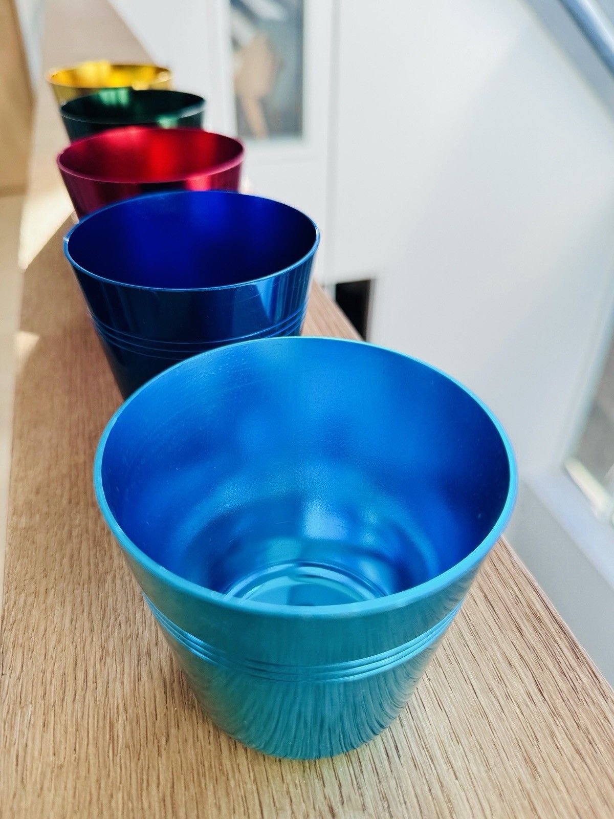 Set Of 5 1960’s Artex Anodised Cups & Bottle Opener In Buffalo Calf Leather Case photo vinterior