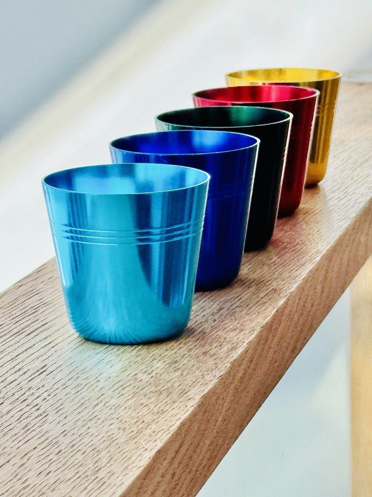 photo buy Set Of 5 1960’s Artex Anodised Cups & Bottle Opener In Buffalo Calf Leather Case