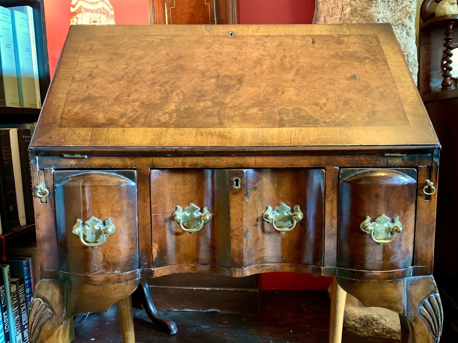 photo for sale Antique Walnut Bureau Queen Anne Style, Working Key Burr Walnut Country House