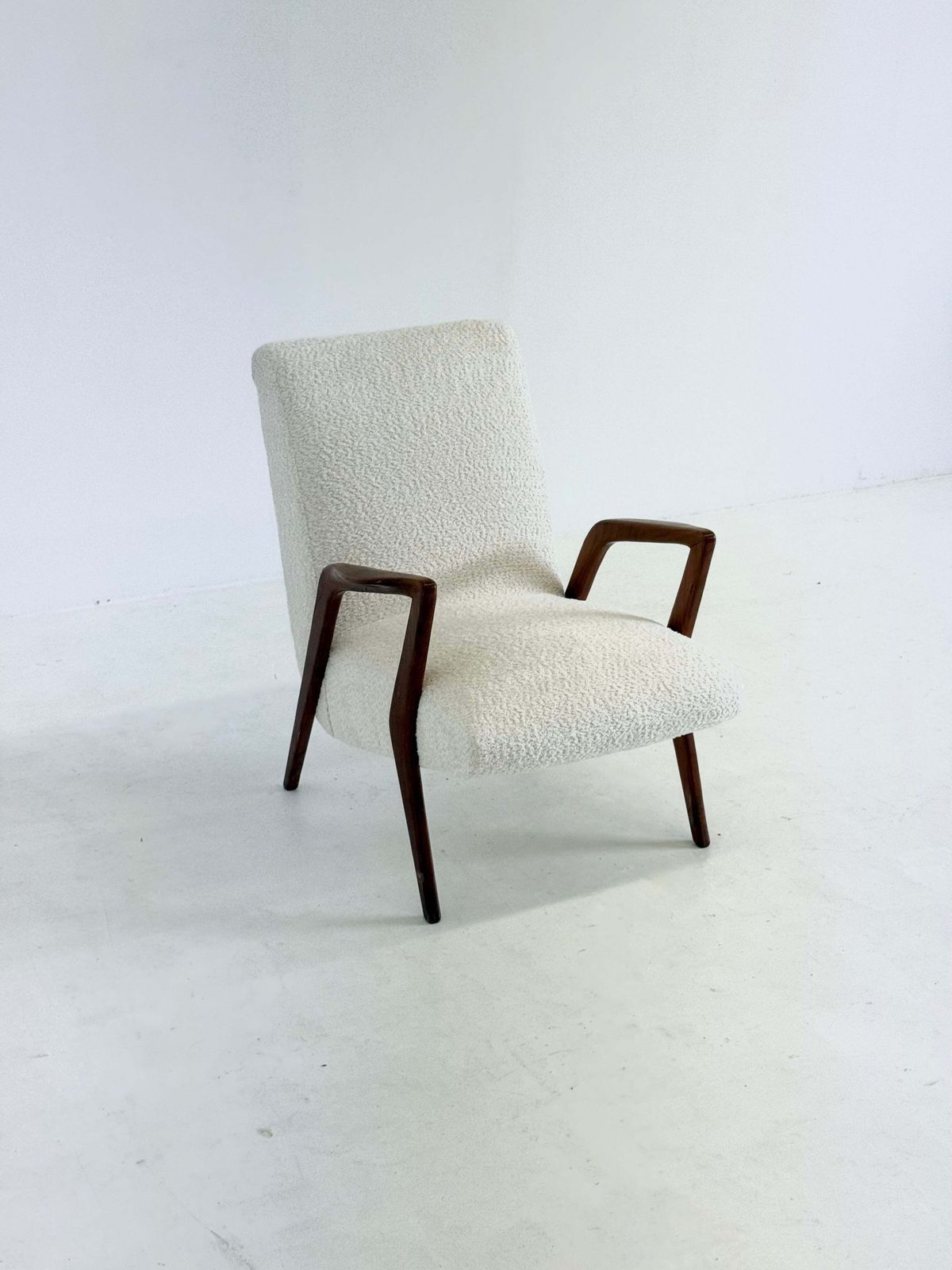 photo for sale Italian Mid Century Lounge Armchair In Cherry Wood With White Buckle