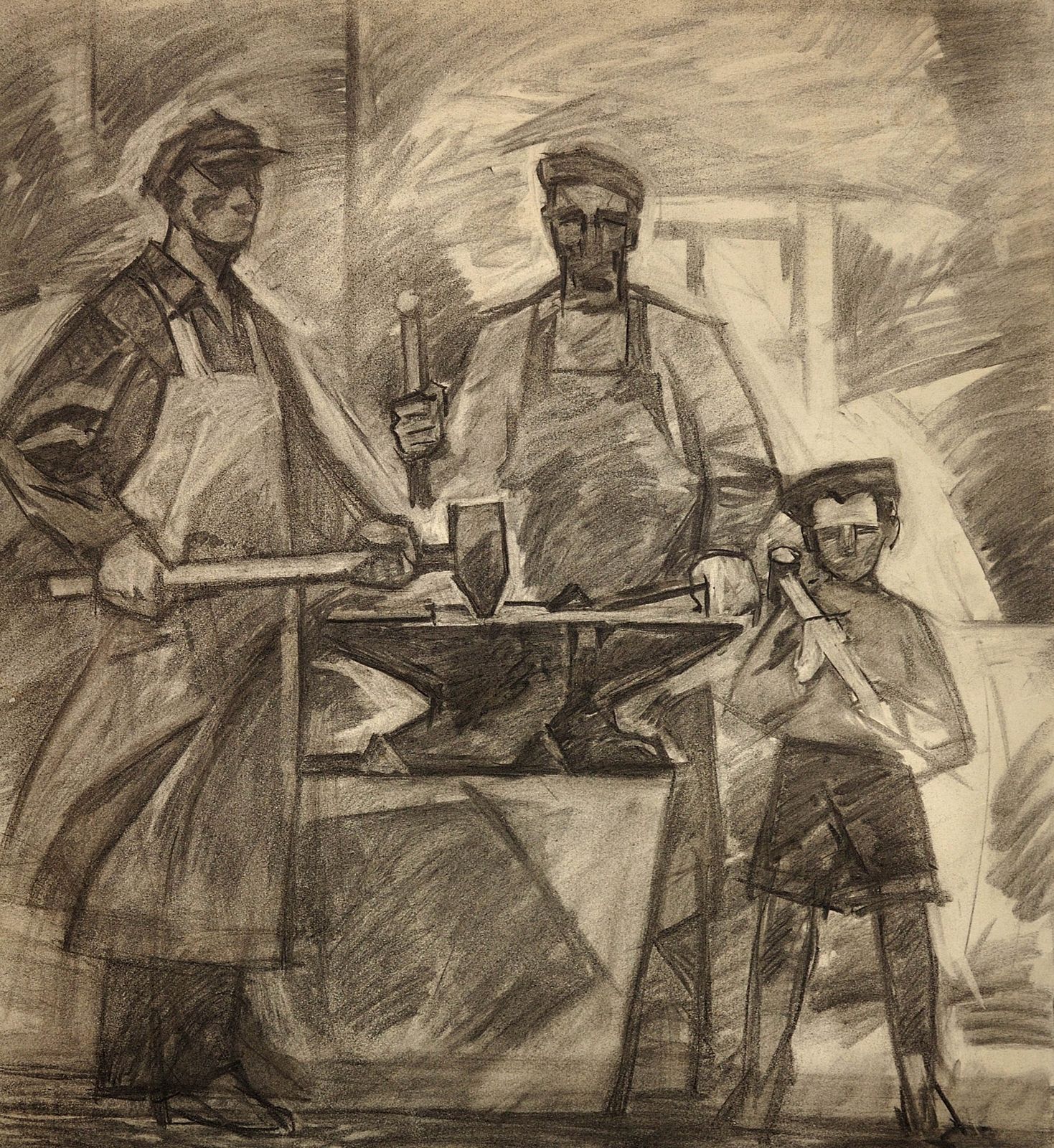 Soviet Ukrainian Artist, Three Generations Of Metal Workers, Charcoal Drawing, 1960s, Framed photo furniture