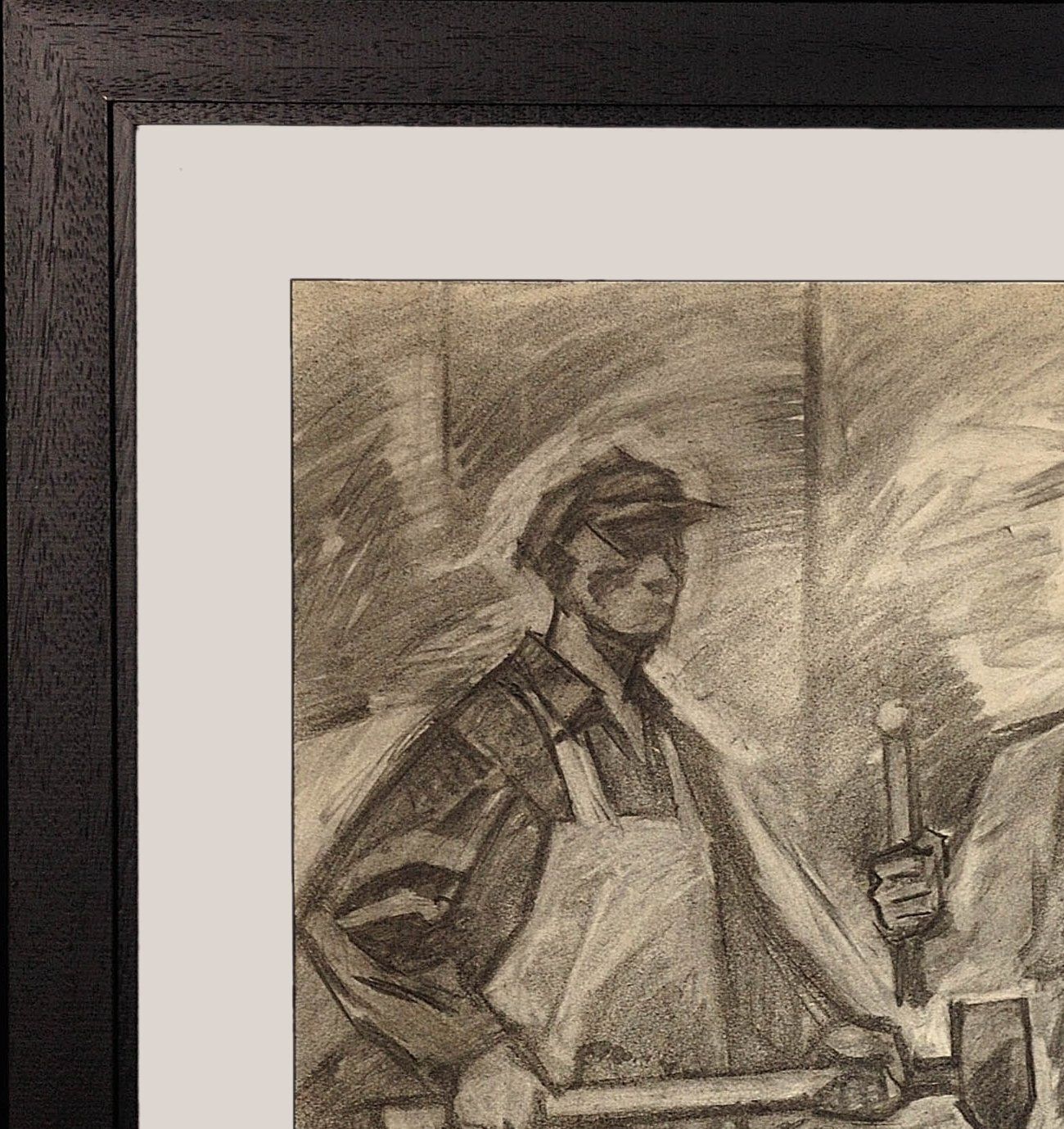 Soviet Ukrainian Artist, Three Generations Of Metal Workers, Charcoal Drawing, 1960s, Framed photo Art