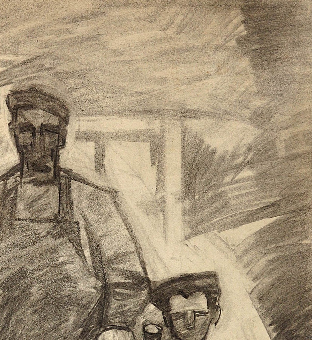 Soviet Ukrainian Artist, Three Generations Of Metal Workers, Charcoal Drawing, 1960s, Framed photo vinterior