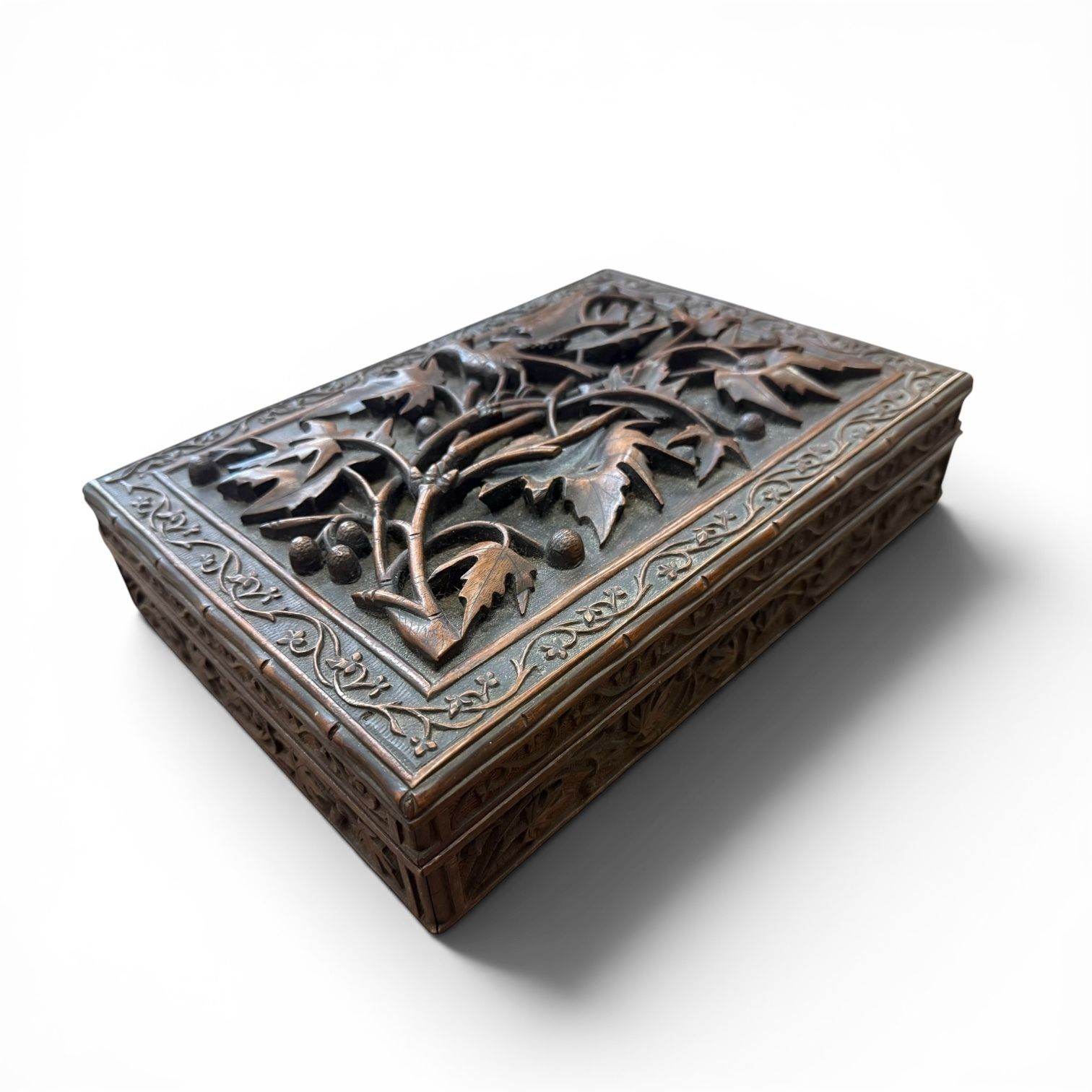 Exquisitely Carved Anglo Indian Hardwood Box With Birds & Vine Leaves, Late 19th Century photo 325.0