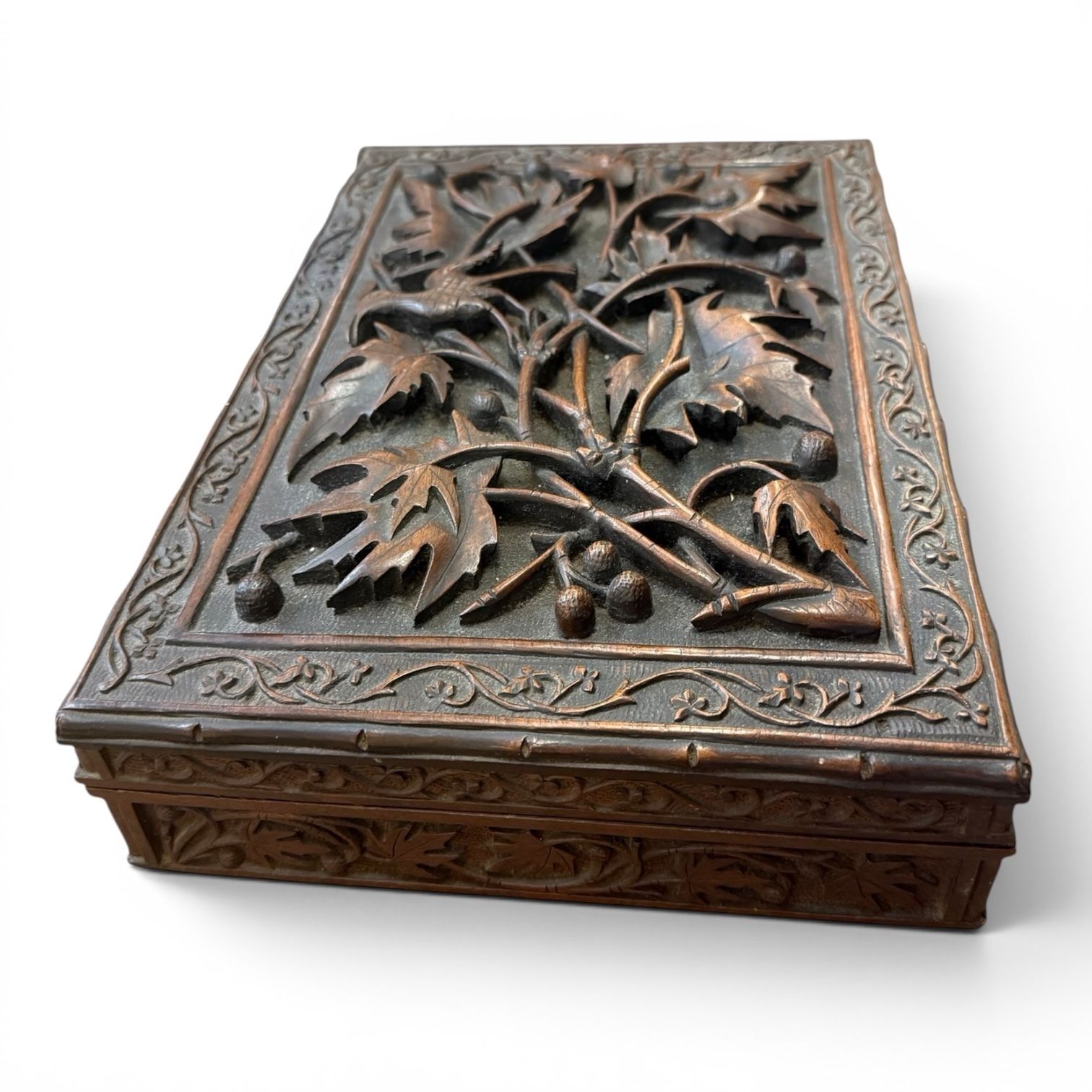 Exquisitely Carved Anglo Indian Hardwood Box With Birds & Vine Leaves, Late 19th Century photo vintage