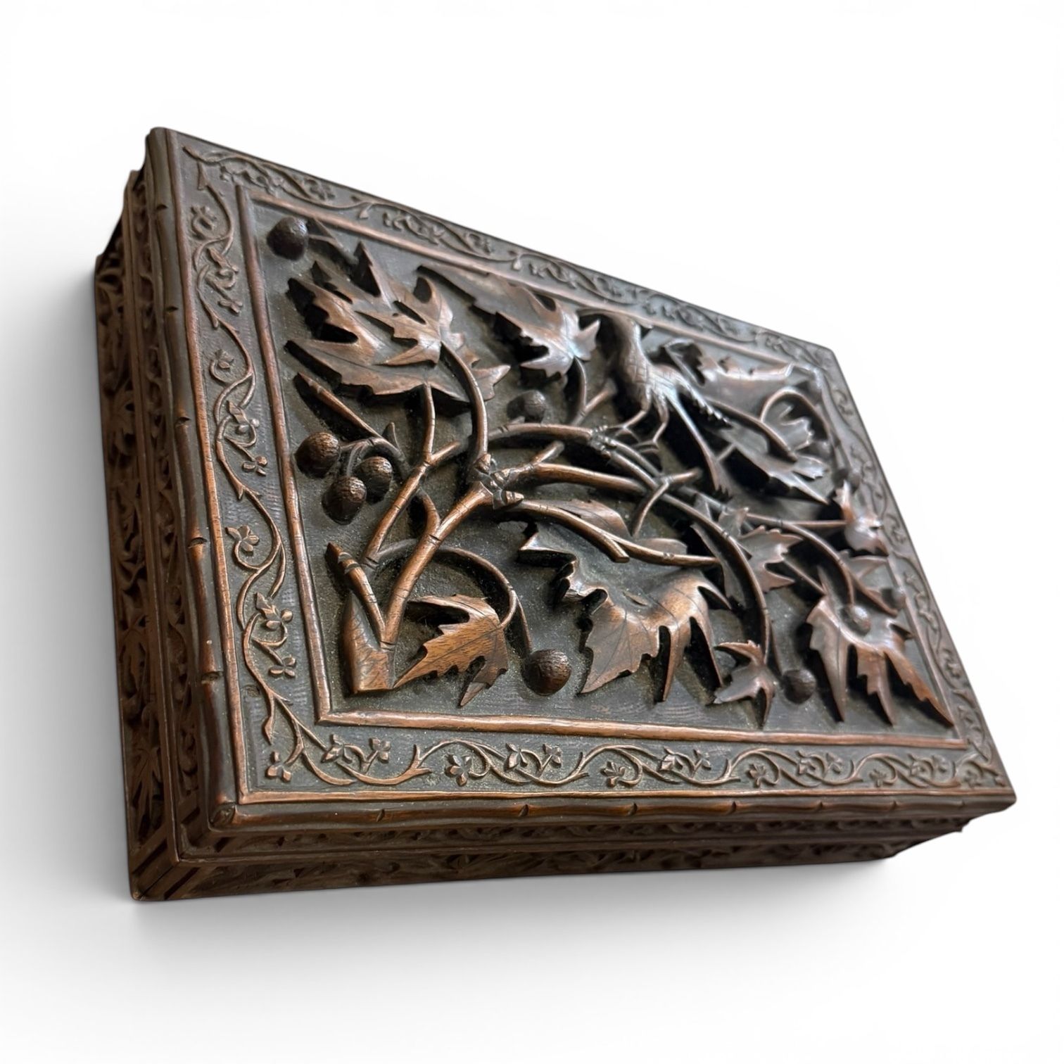 Exquisitely Carved Anglo Indian Hardwood Box With Birds & Vine Leaves, Late 19th Century