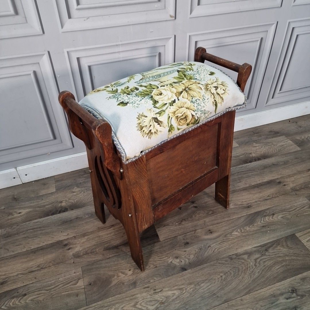Antique Piano Stool Arts & Crafts Oak Music Lift Top Storage Carved Sides Wood photo furniture