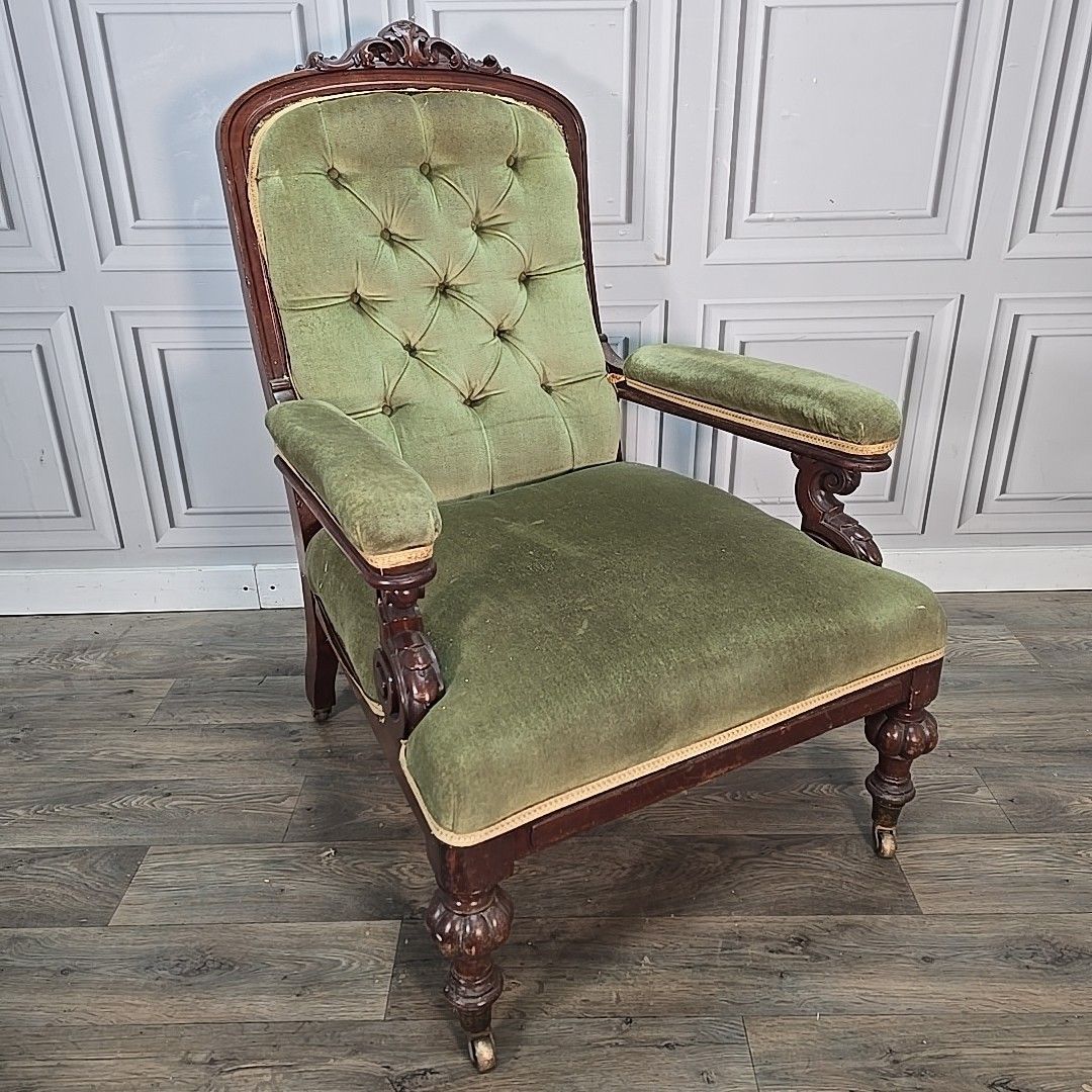 Antique Victorian Upholstered Armchair Solid Hardwood Button Back Nursing Chair photo furniture