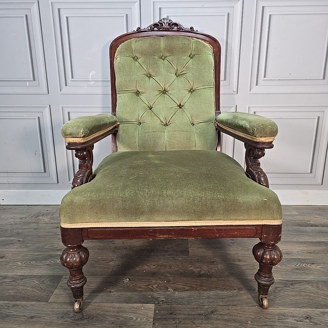 Antique Victorian Upholstered Armchair Solid Hardwood Button Back Nursing Chair photo Furniture