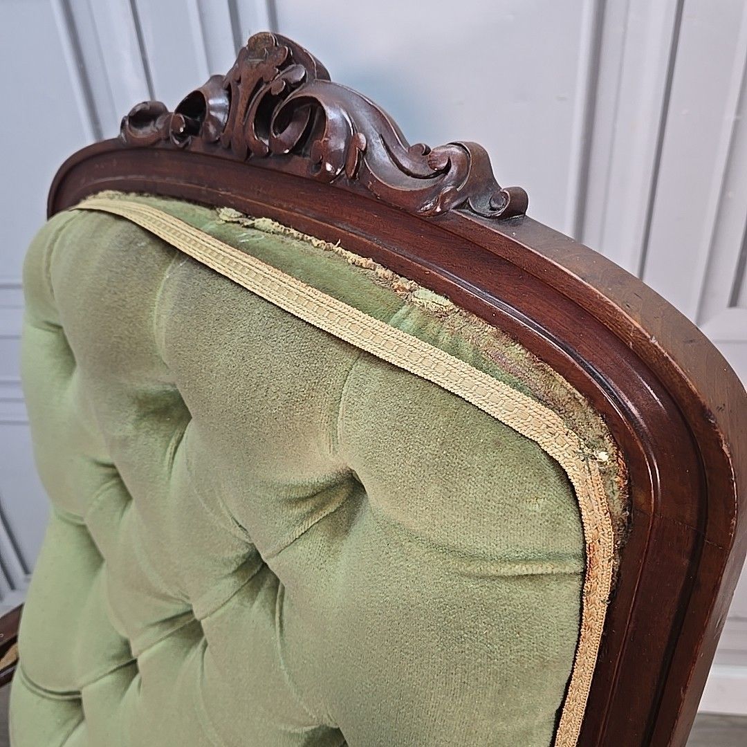 photo for sale Antique Victorian Upholstered Armchair Solid Hardwood Button Back Nursing Chair