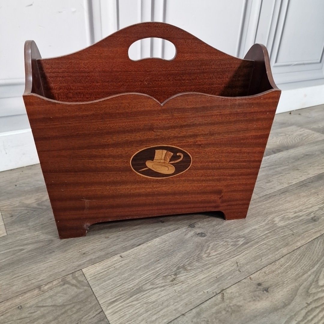 Retro Magazine Letter Rack Vintage Mahogany Veneer – Inlaid Top Hat & Cane Motif photo buy
