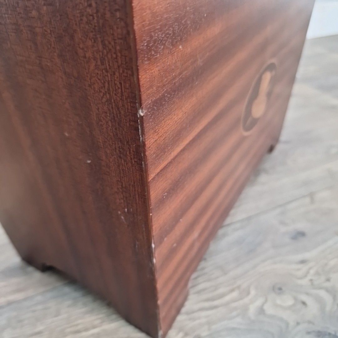 photo for sale Retro Magazine Letter Rack Vintage Mahogany Veneer – Inlaid Top Hat & Cane Motif