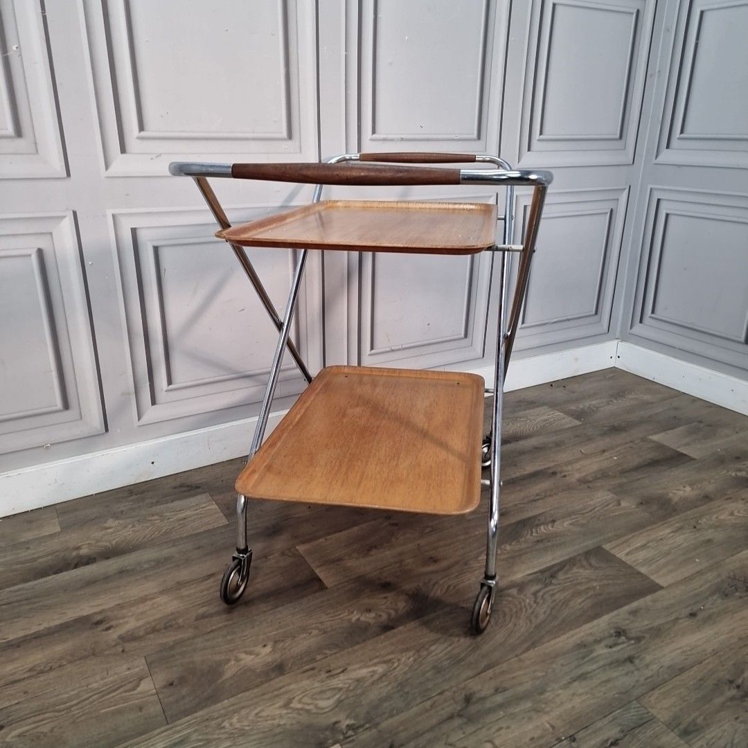Vintage Tea Hostess Trolley Retro Chrome & Plywood Folding Drinks Mid Century photo Furniture