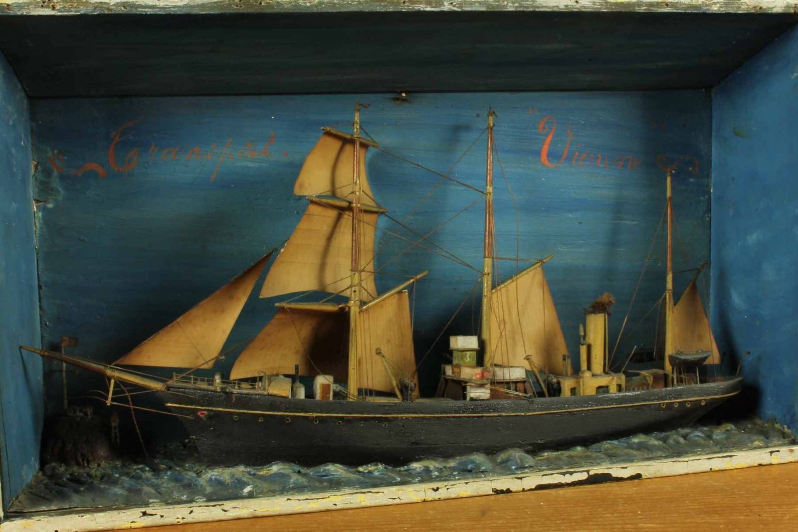 Antique Ship Diorama. French Handmade Boat Model In A Box. Vienne France.