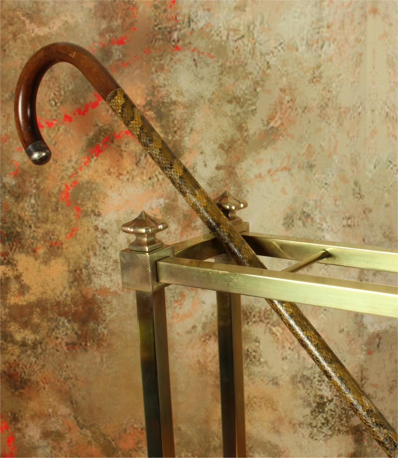 photo vintage Antique Small Brass Stick Stand. Narrow Walking Cane Umbrella Hall Stand.