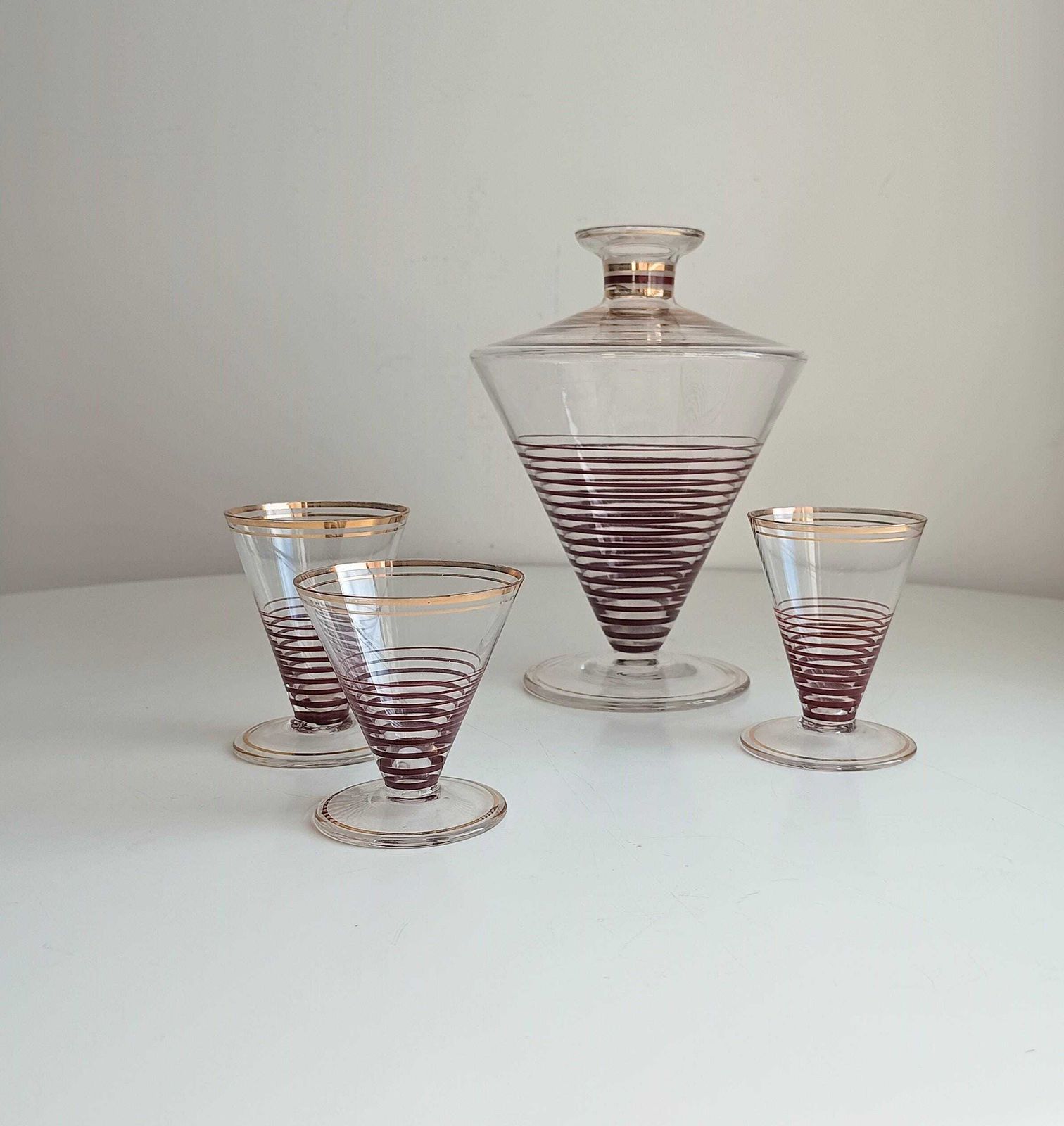 Atomic Cocktail Set Of Spiral Inverted Conus Decanter & 3 Glasses: Mcm Bohemia 1950s photo Home Decor