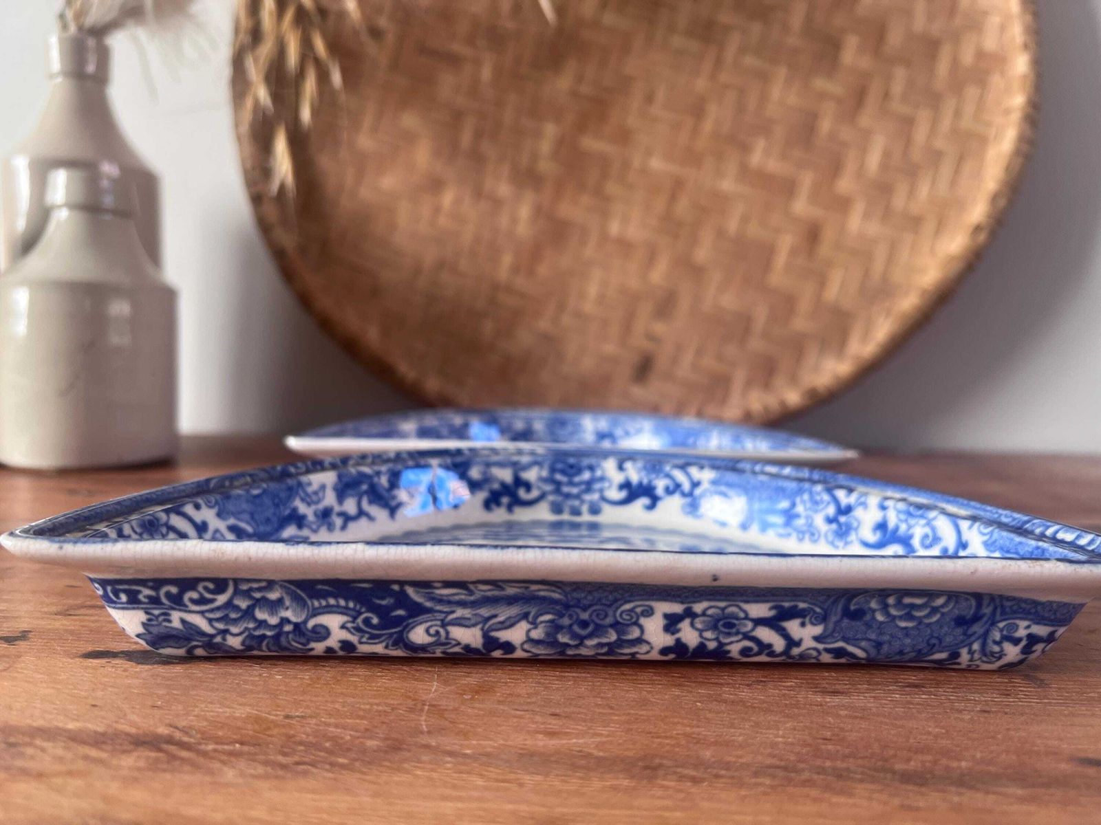 photo furniture Antique Booths "Old Blue Danube" Divided Serving Set With Wood Gallery Tray, Victorian Blue And White Transferware, Thomas Goode & Co Mark