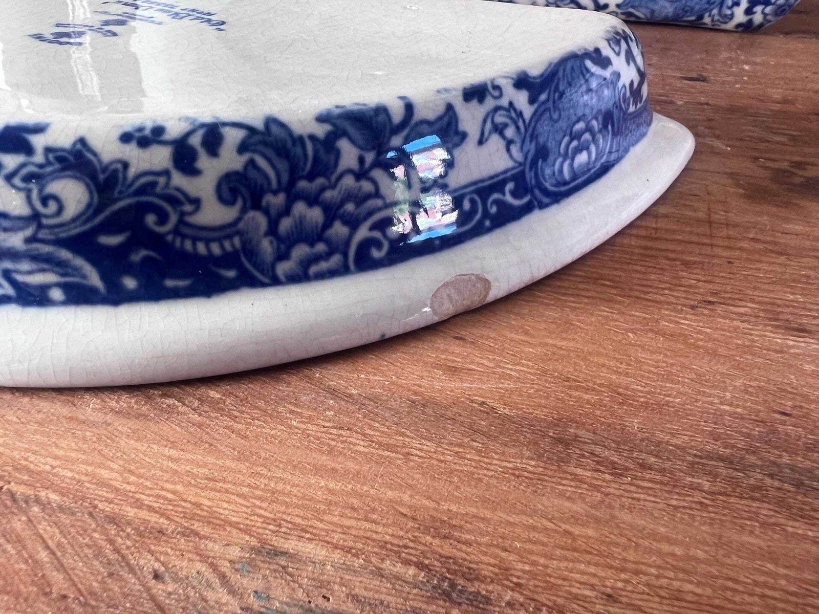 photo vintage Antique Booths "Old Blue Danube" Divided Serving Set With Wood Gallery Tray, Victorian Blue And White Transferware, Thomas Goode & Co Mark