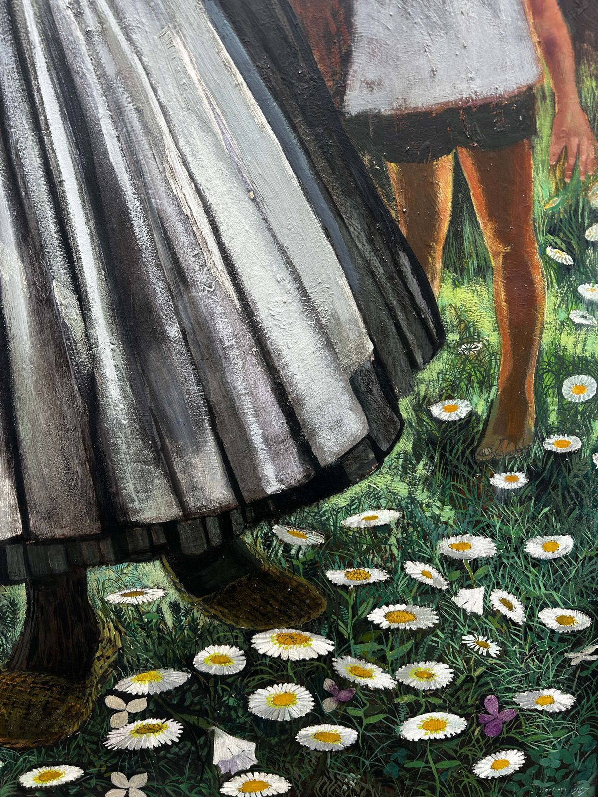 photo for sale Mid Century Folk Inspired Oil On Board By Leslie Ann Gorton B.1939