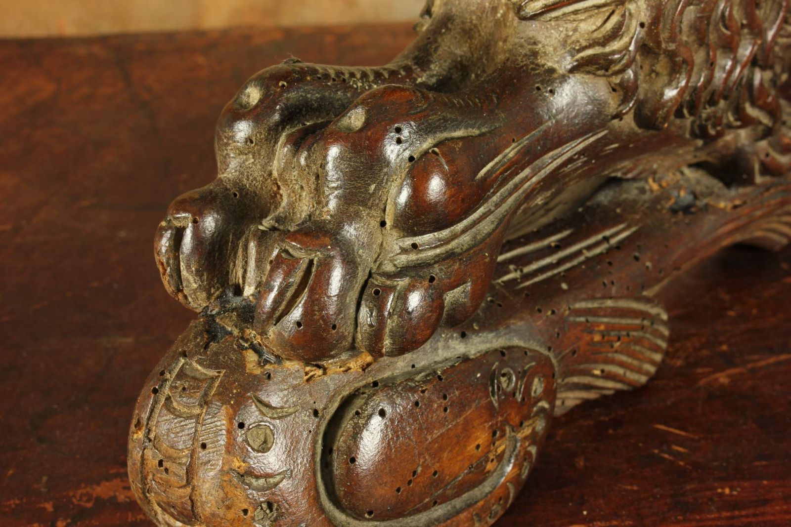 Art Antique Carved Wood Lion Figure. Animal Statue. Decorative Ornament. photo